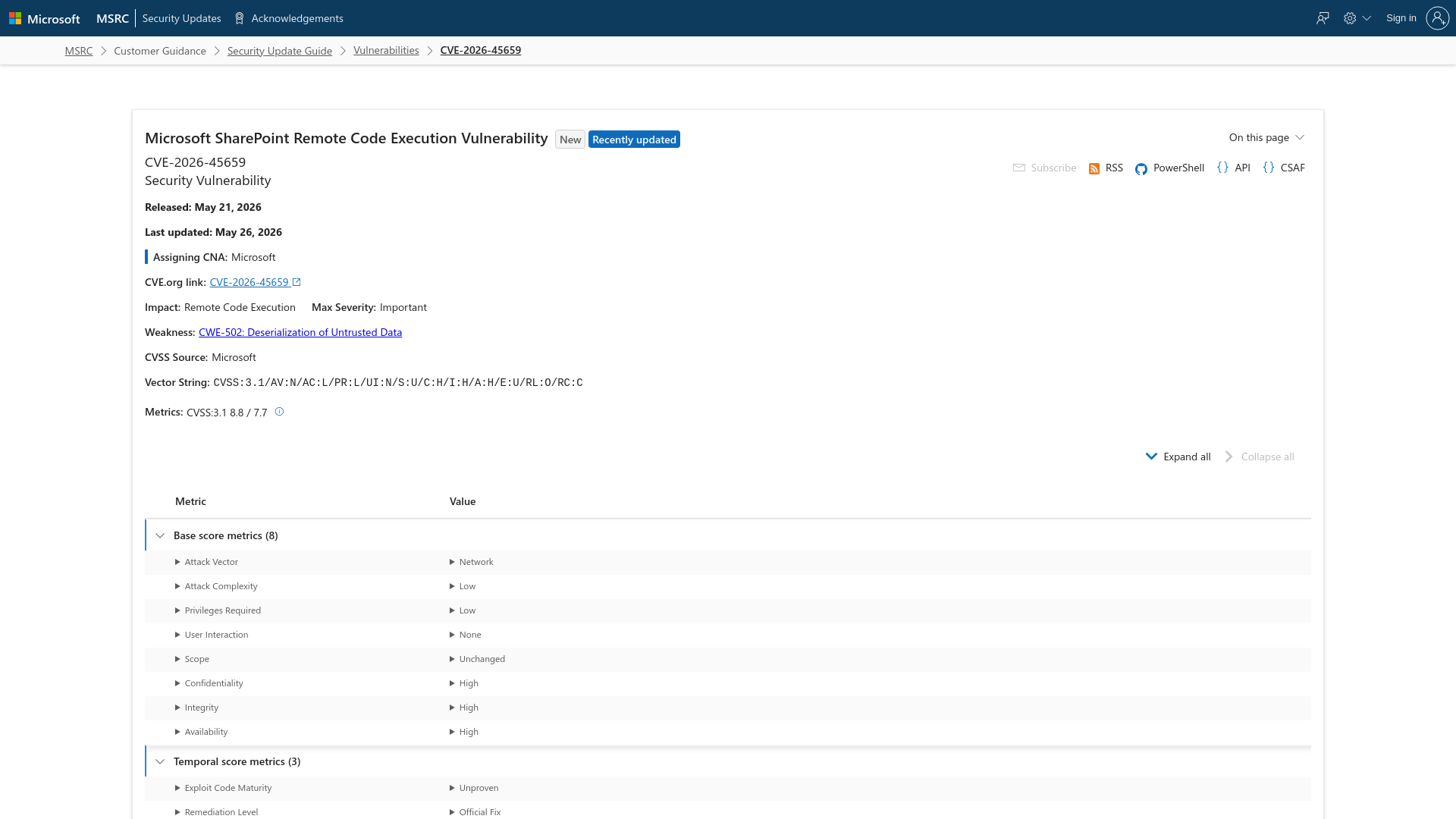 CVE-2026-45659 - Security Update Guide - Microsoft - Microsoft SharePoint Remote Code Execution Vulnerability