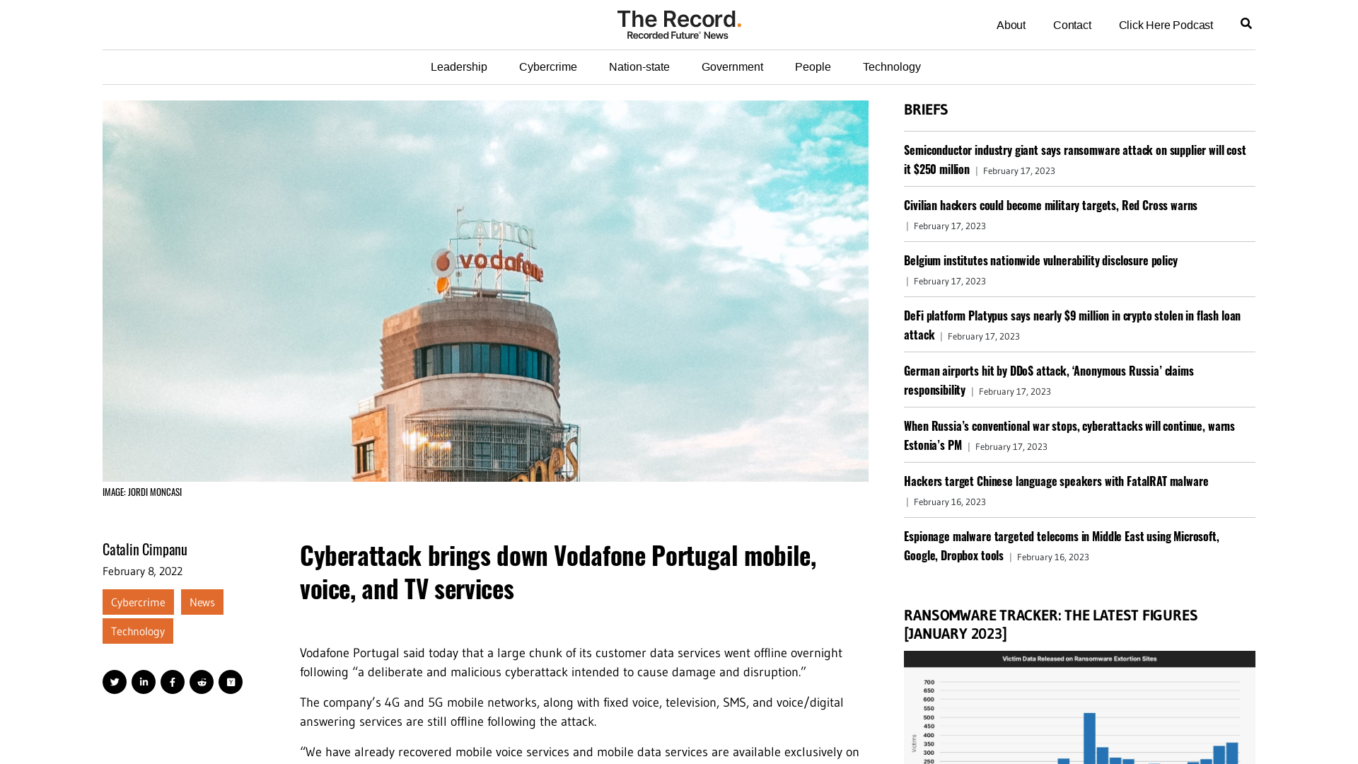 Cyberattack brings down Vodafone Portugal mobile, voice, and TV services - The Record from Recorded Future News