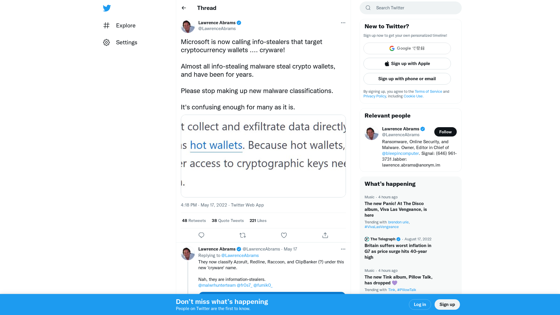 Lawrence Abrams on Twitter: "Microsoft is now calling info-stealers that target cryptocurrency wallets .... cryware! Almost all info-stealing malware steal crypto wallets, and have been for years. Please stop making up new malware classifications. It's confusing enough for many as it is. https://t.co/8C3rY9xSfW" / Twitter