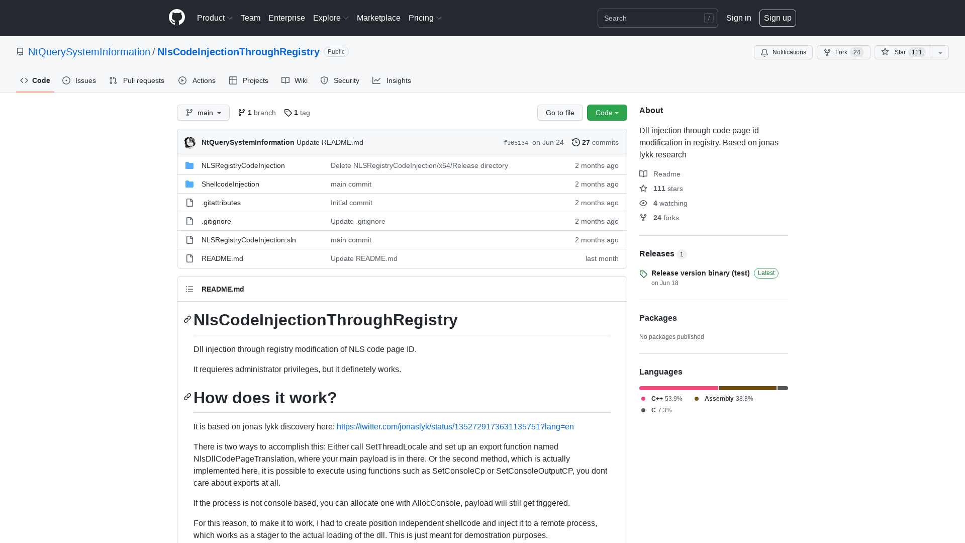 GitHub - NtQuerySystemInformation/NlsCodeInjectionThroughRegistry: Dll injection through code page id modification in registry. Based on jonas lykk research