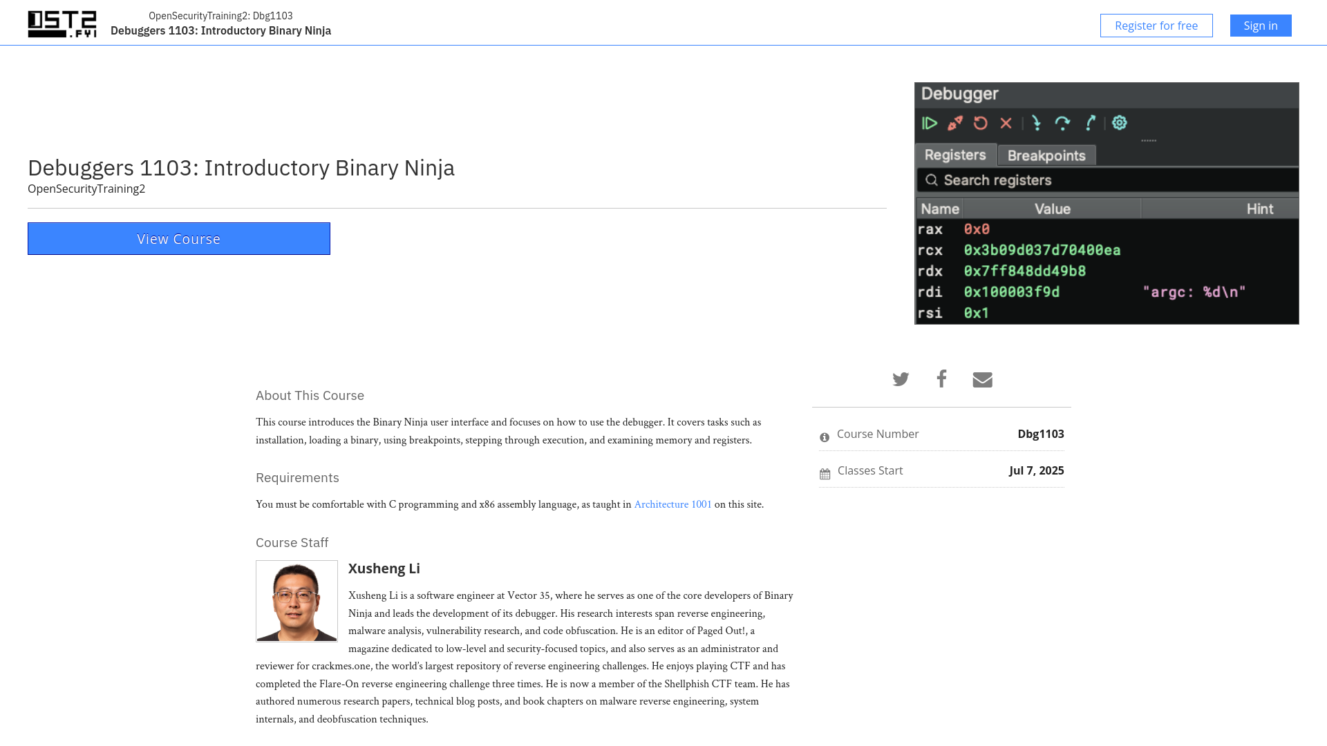 Debuggers 1103: Introductory Binary Ninja | OpenSecurityTraining2