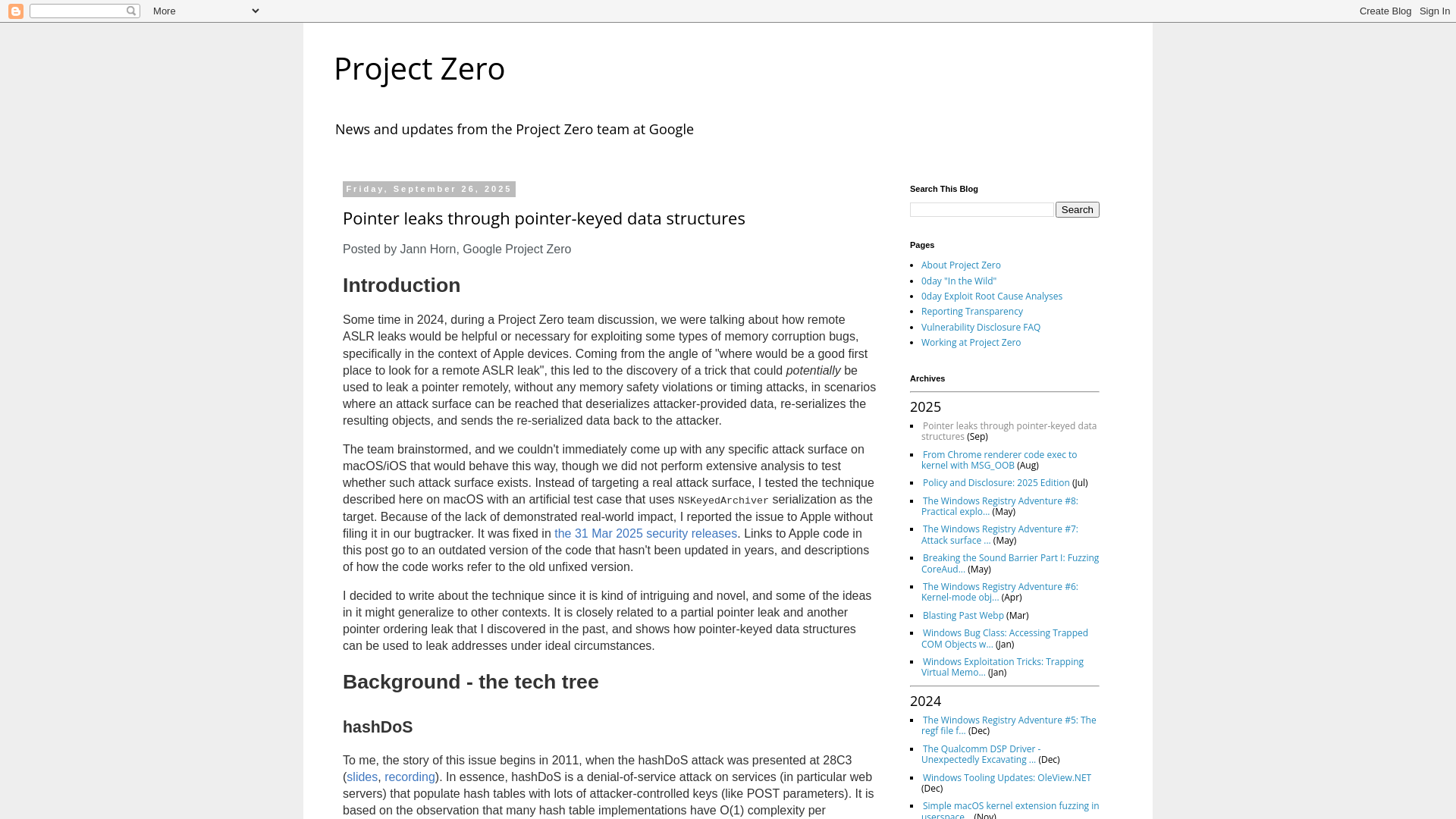 Project Zero: Pointer leaks through pointer-keyed data structures