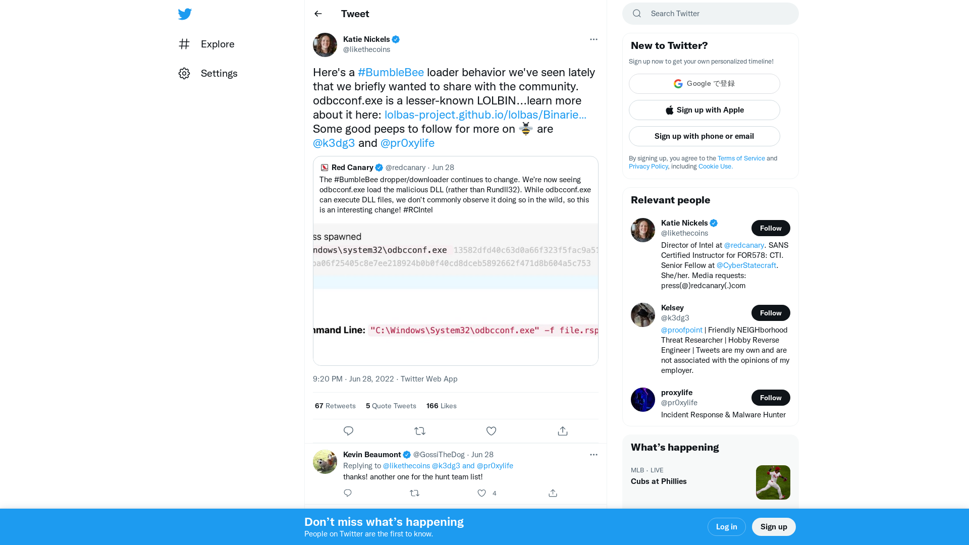 Katie Nickels on Twitter: "Here's a #BumbleBee loader behavior we've seen lately that we briefly wanted to share with the community. odbcconf.exe is a lesser-known LOLBIN...learn more about it here: https://t.co/VgneshDbJW Some good peeps to follow for more on 🐝 are @k3dg3 and @pr0xylife" / Twitter