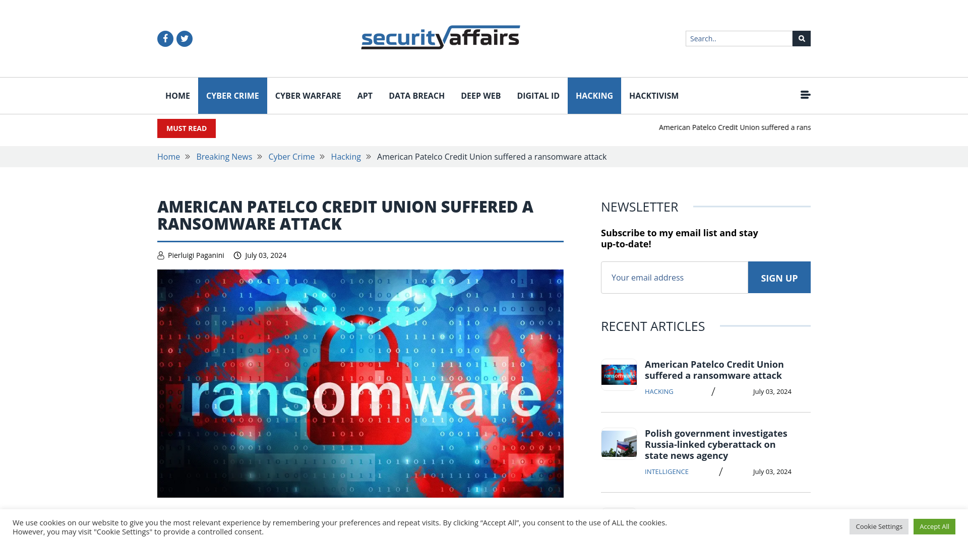 American Patelco Credit Union suffered a ransomware attack