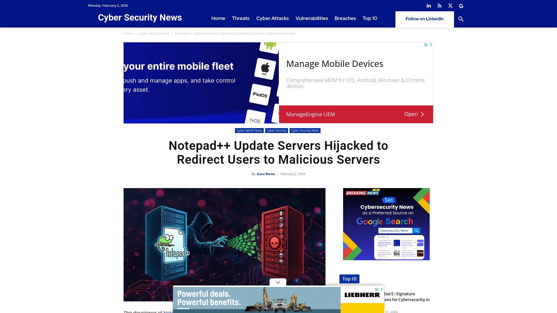 Notepad++ Update Servers Hijacked to Redirect Users to Malicious Servers