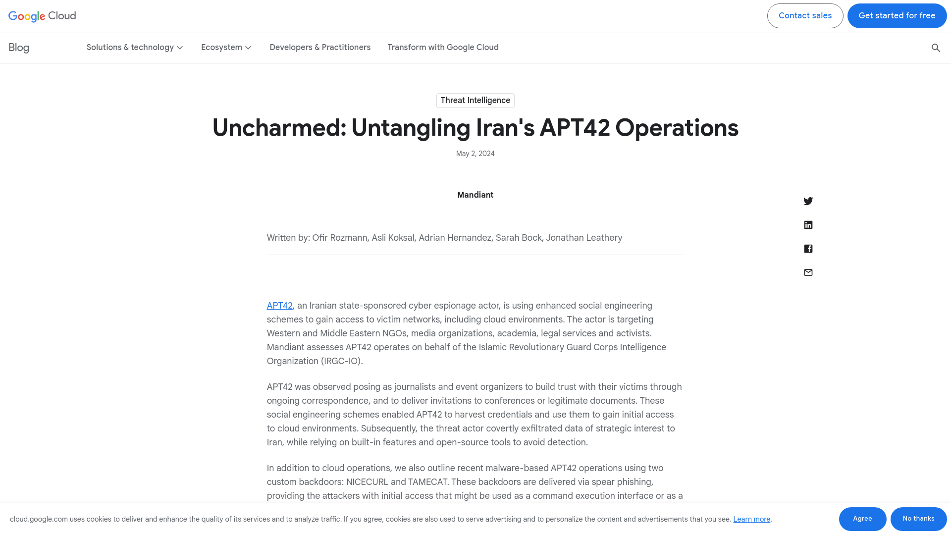 Uncharmed: Untangling Iran's APT42 Operations | Google Cloud Blog