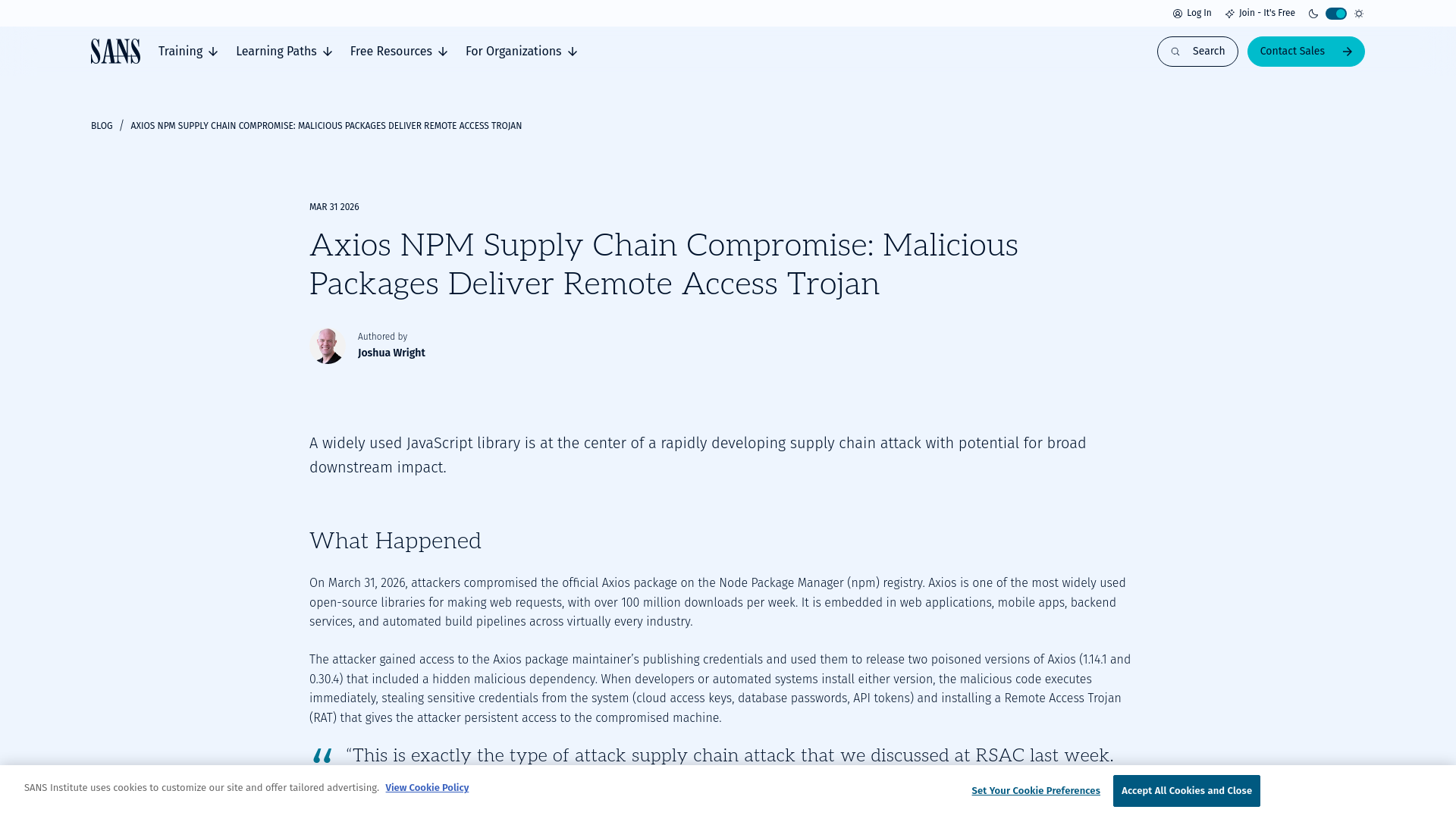 Axios NPM Supply Chain Compromise: Malicious Packages Deliver Remote Access Trojan | SANS Institute