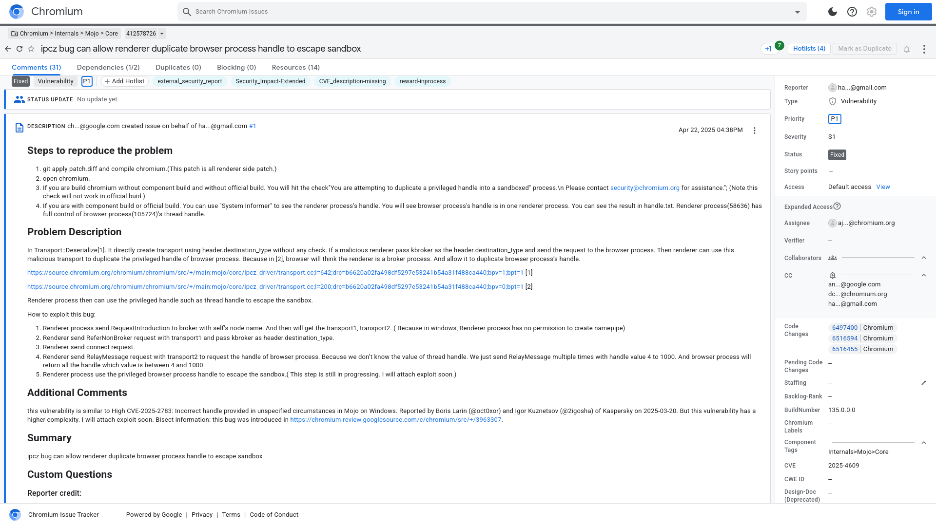 ipcz bug can allow renderer duplicate browser process handle to escape sandbox [412578726] - Chromium
