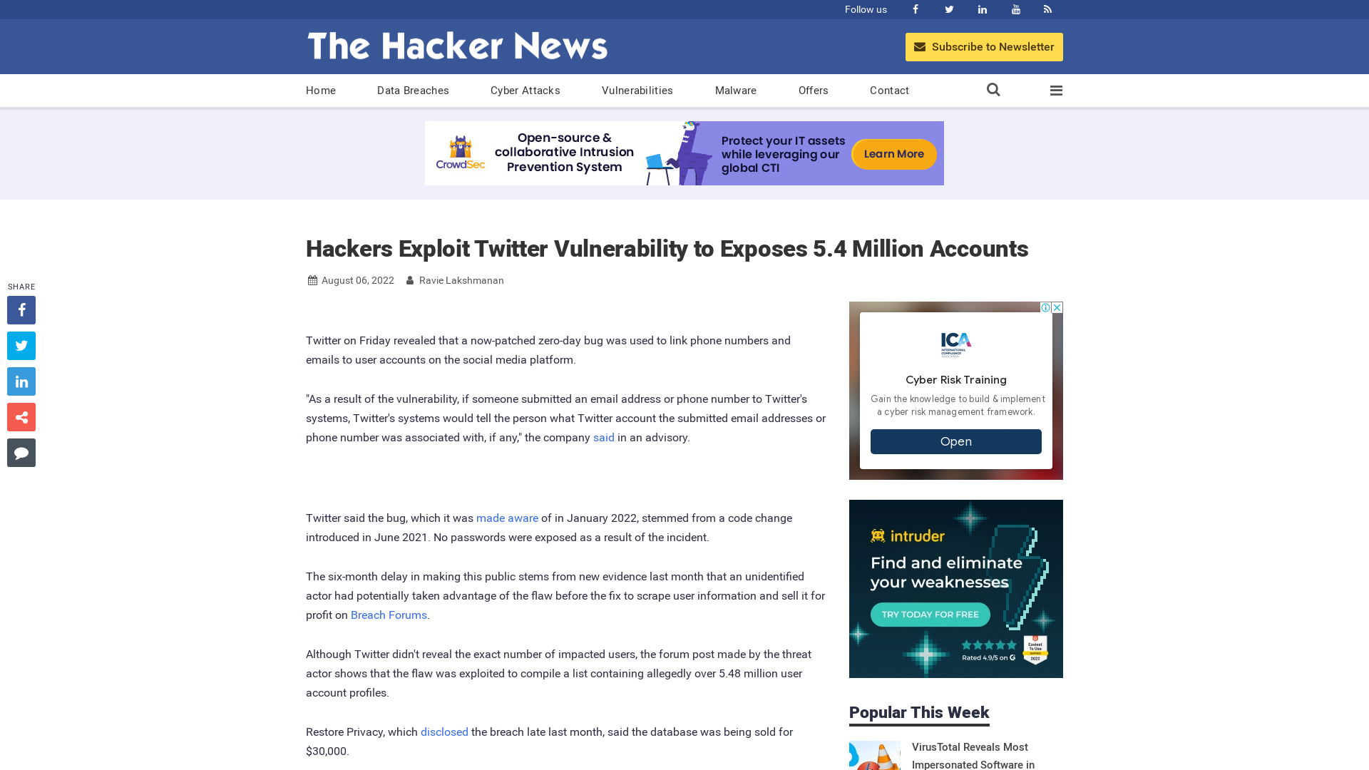 Hackers Exploit Twitter Vulnerability to Exposes 5.4 Million Accounts