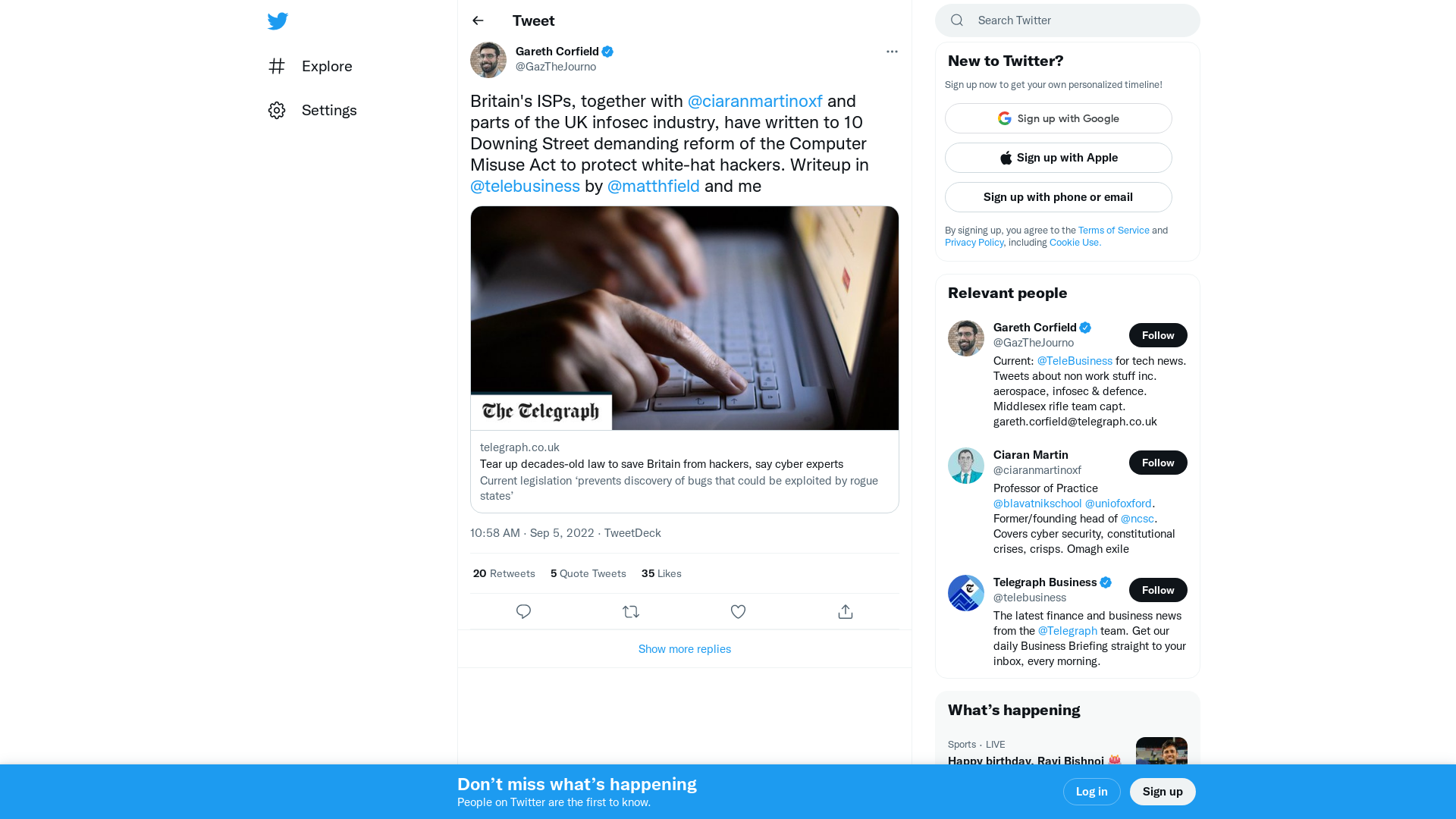 Gareth Corfield on Twitter: "Britain's ISPs, together with @ciaranmartinoxf and parts of the UK infosec industry, have written to 10 Downing Street demanding reform of the Computer Misuse Act to protect white-hat hackers. Writeup in @telebusiness by @matthfield and me https://t.co/hdS8Gi84Hv" / Twitter