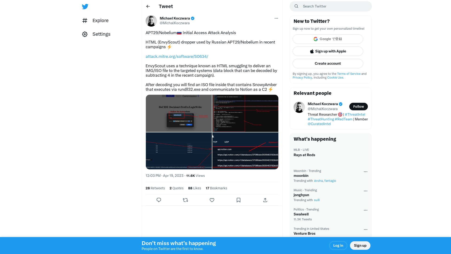 Michael Koczwara on Twitter: "APT29/Nobelium🇷🇺 Initial Access Attack Analysis HTML (EnvyScout) dropper used by Russian APT29/Nobelium in recent campaigns ⚡️ https://t.co/OxwicARtgJ EnvyScout uses a technique known as HTML smuggling to deliver an IMG/ISO file to the targeted systems (data block that can be… https://t.co/7MeVFD7mfP" / Twitter