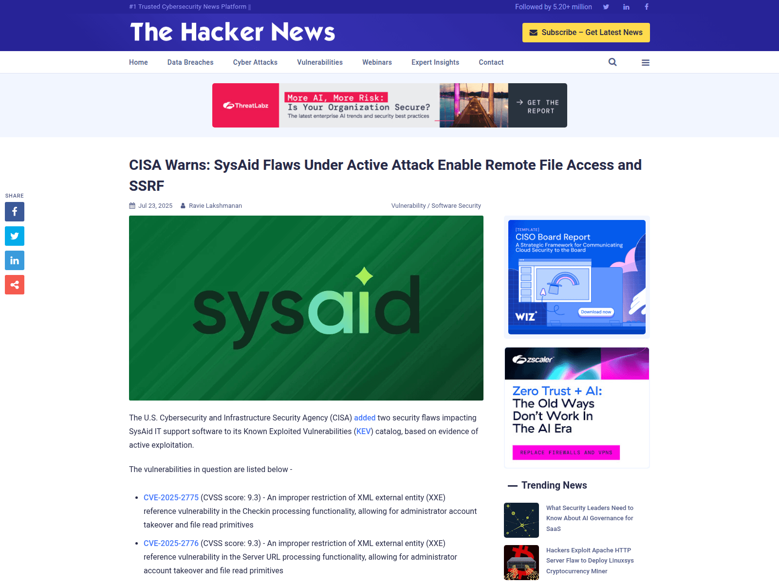 CISA Warns: SysAid Flaws Under Active Attack Enable Remote File Access and SSRF