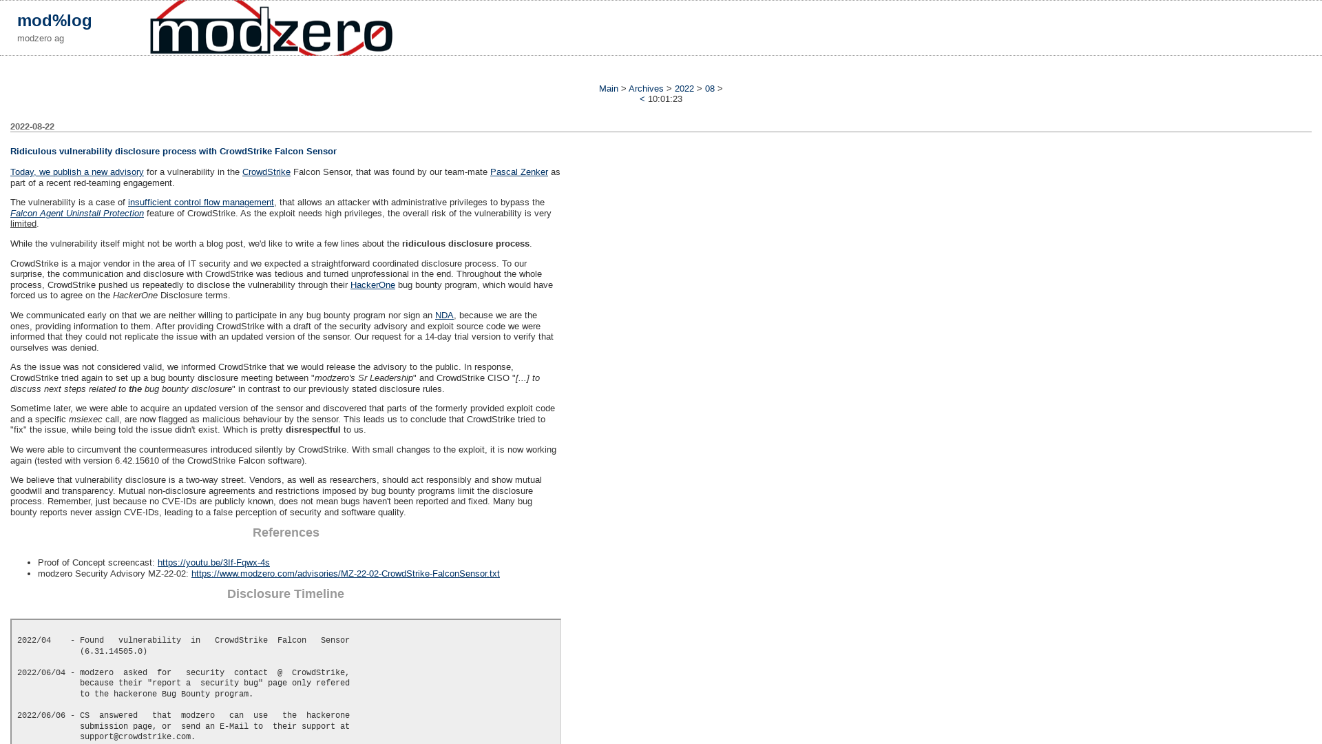 Ridiculous vulnerability disclosure process with CrowdStrike Falcon Sensor | mod%log