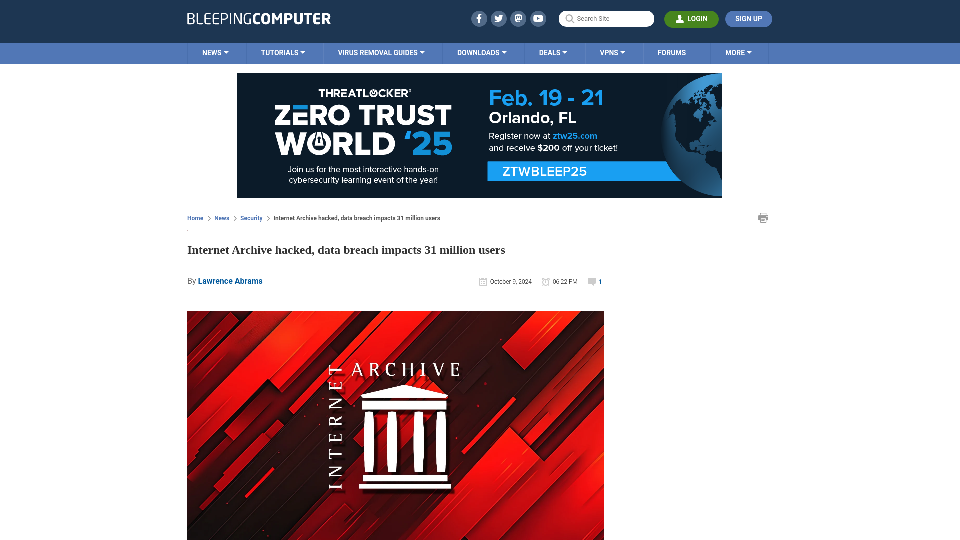 Internet Archive hacked, data breach impacts 31 million users