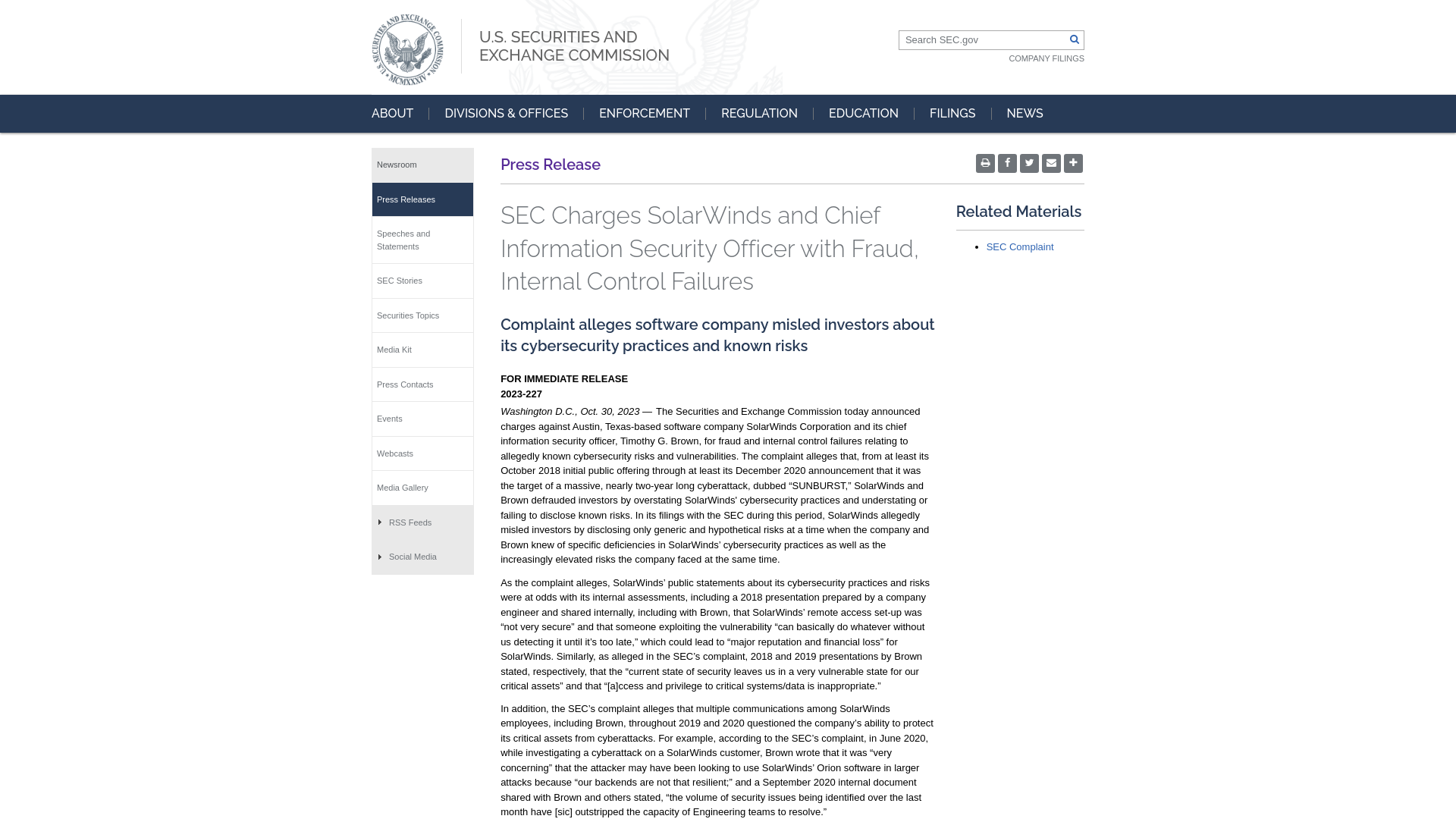 SEC.gov | SEC Charges SolarWinds and Chief Information Security Officer with Fraud, Internal Control Failures