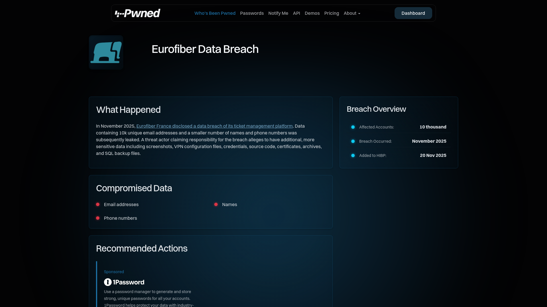 Have I Been Pwned: Eurofiber Data Breach