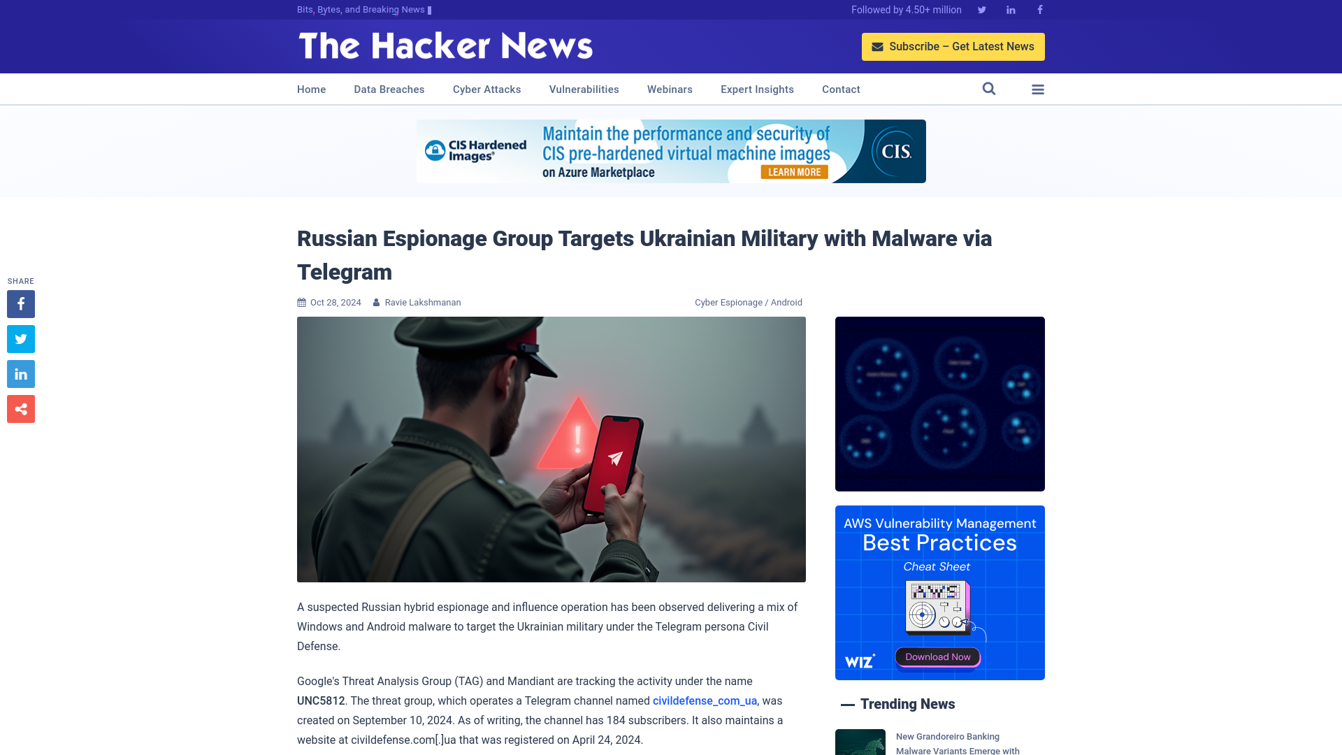 Russian Espionage Group Targets Ukrainian Military with Malware via Telegram