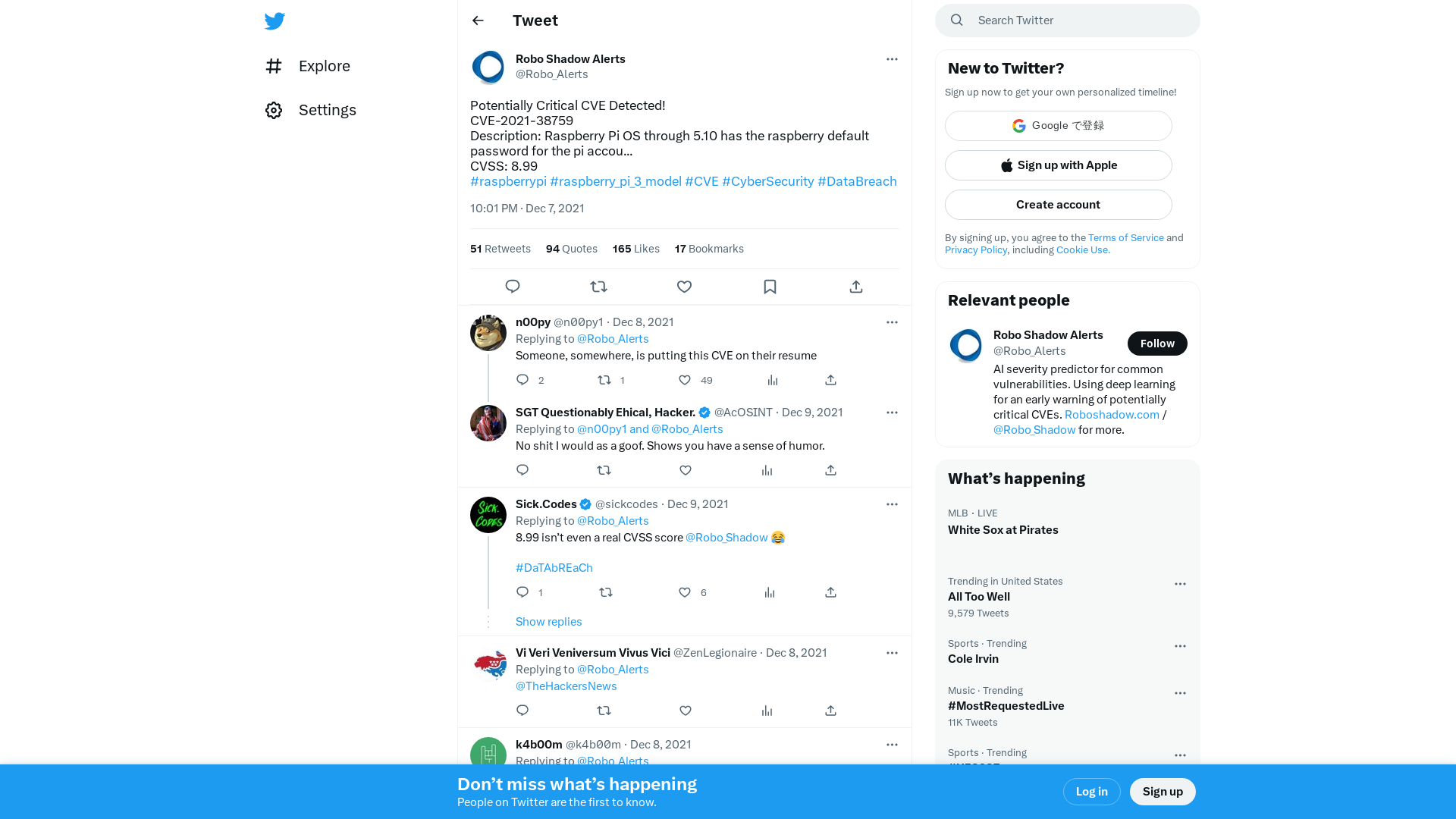 Robo Shadow Alerts on Twitter: "Potentially Critical CVE Detected! CVE-2021-38759 Description: Raspberry Pi OS through 5.10 has the raspberry default password for the pi accou... CVSS: 8.99 #raspberrypi #raspberry_pi_3_model #CVE #CyberSecurity #DataBreach" / Twitter
