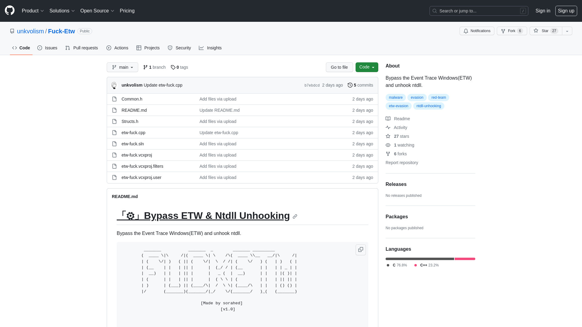 GitHub - unkvolism/Fuck-Etw: Bypass the Event Trace Windows(ETW) and unhook ntdll.