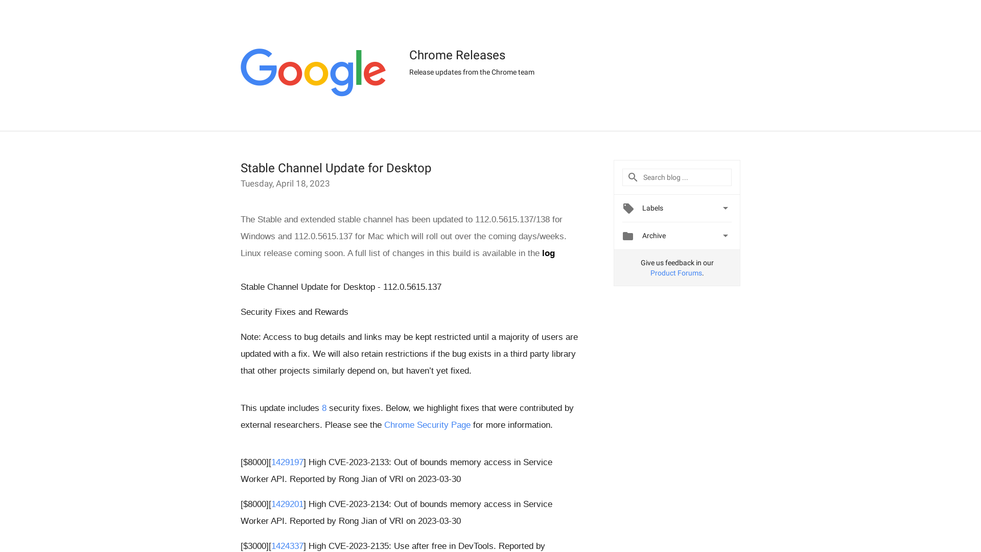 Chrome Releases: Stable Channel Update for Desktop