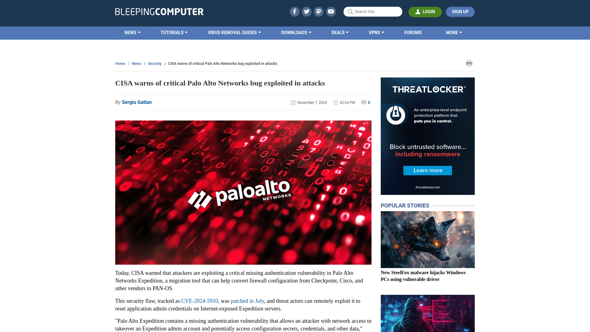 CISA warns of critical Palo Alto Networks bug exploited in attacks