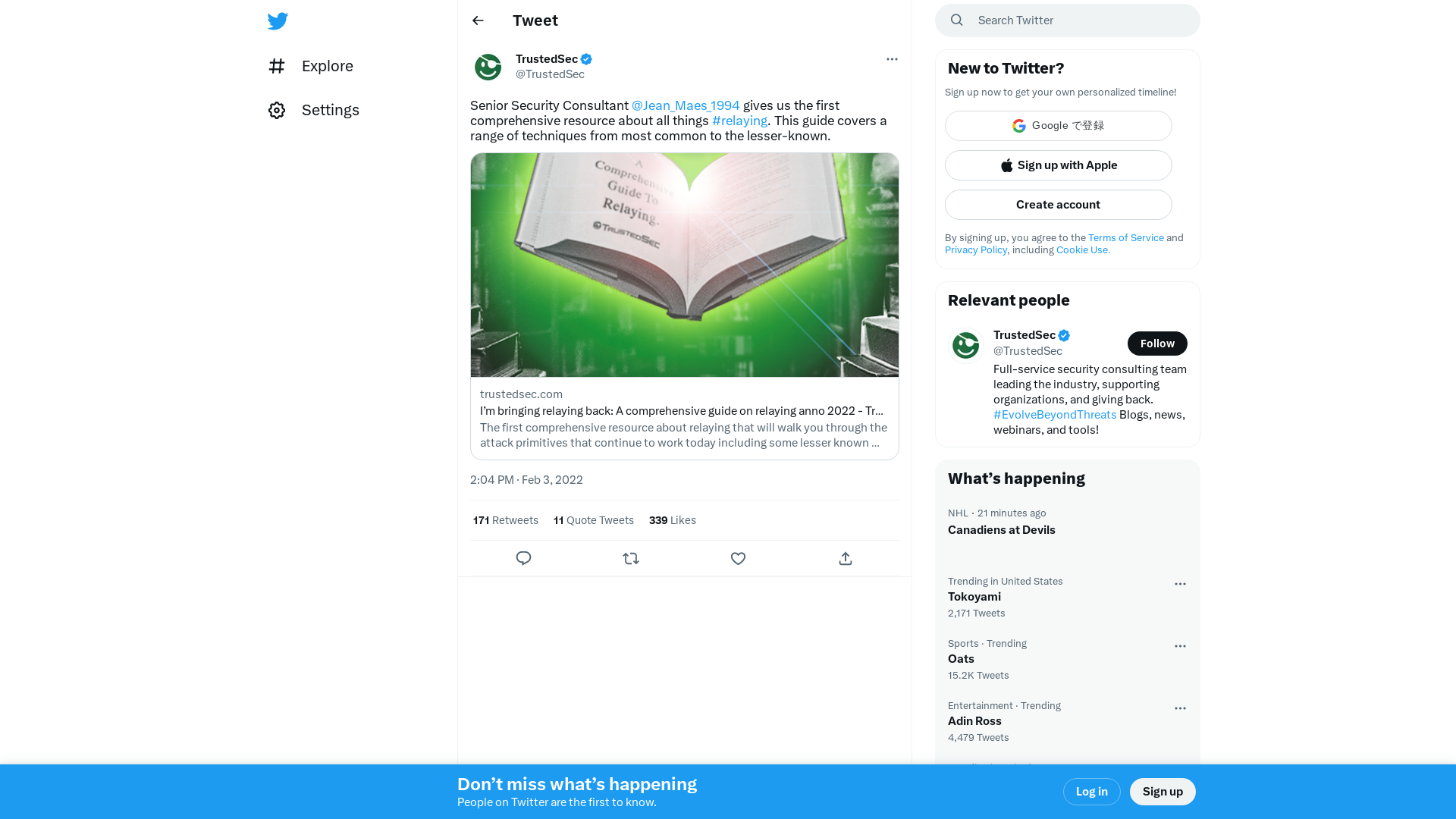 TrustedSec on Twitter: "Senior Security Consultant @Jean_Maes_1994 gives us the first comprehensive resource about all things #relaying. This guide covers a range of techniques from most common to the lesser-known. https://t.co/dtX02qtSP1" / Twitter