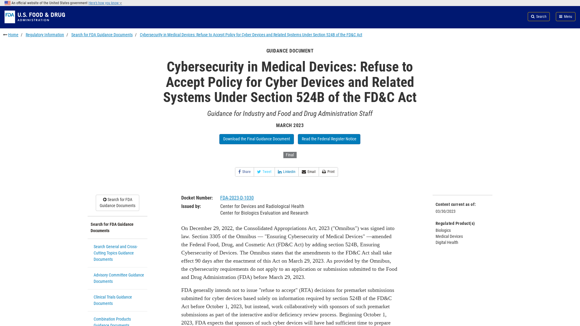 Cybersecurity in Medical Devices: Refuse to Accept Policy for Cyber Devices and Related Systems Under Section 524B of the FD&C Act | FDA