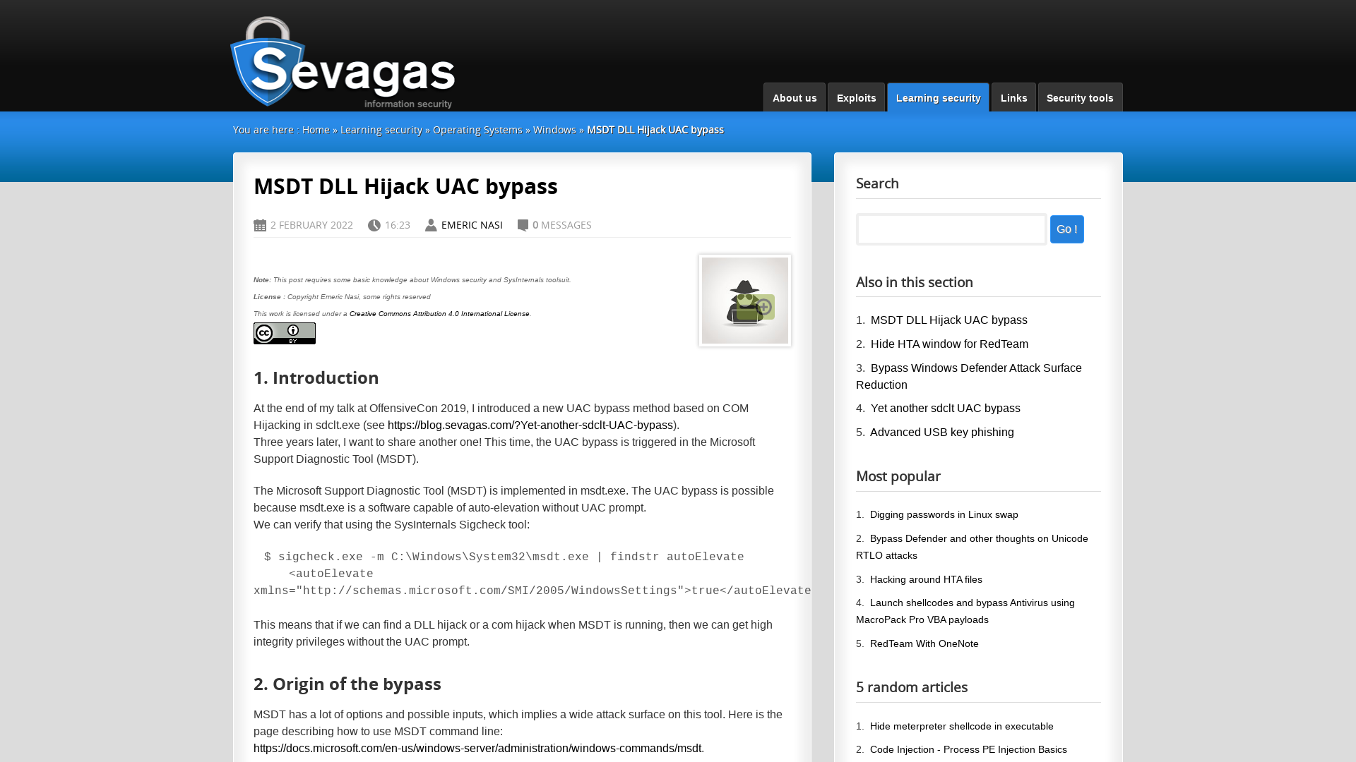 MSDT DLL Hijack UAC bypass - Sevagas