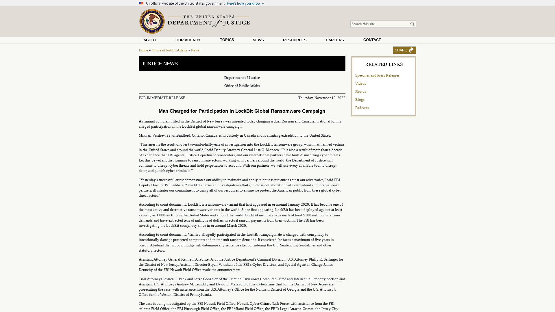 Man Charged for Participation in LockBit Global Ransomware Campaign | OPA | Department of Justice