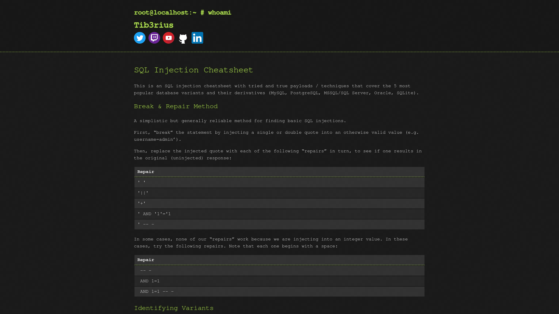 SQL Injection Cheatsheet | Tib3rius