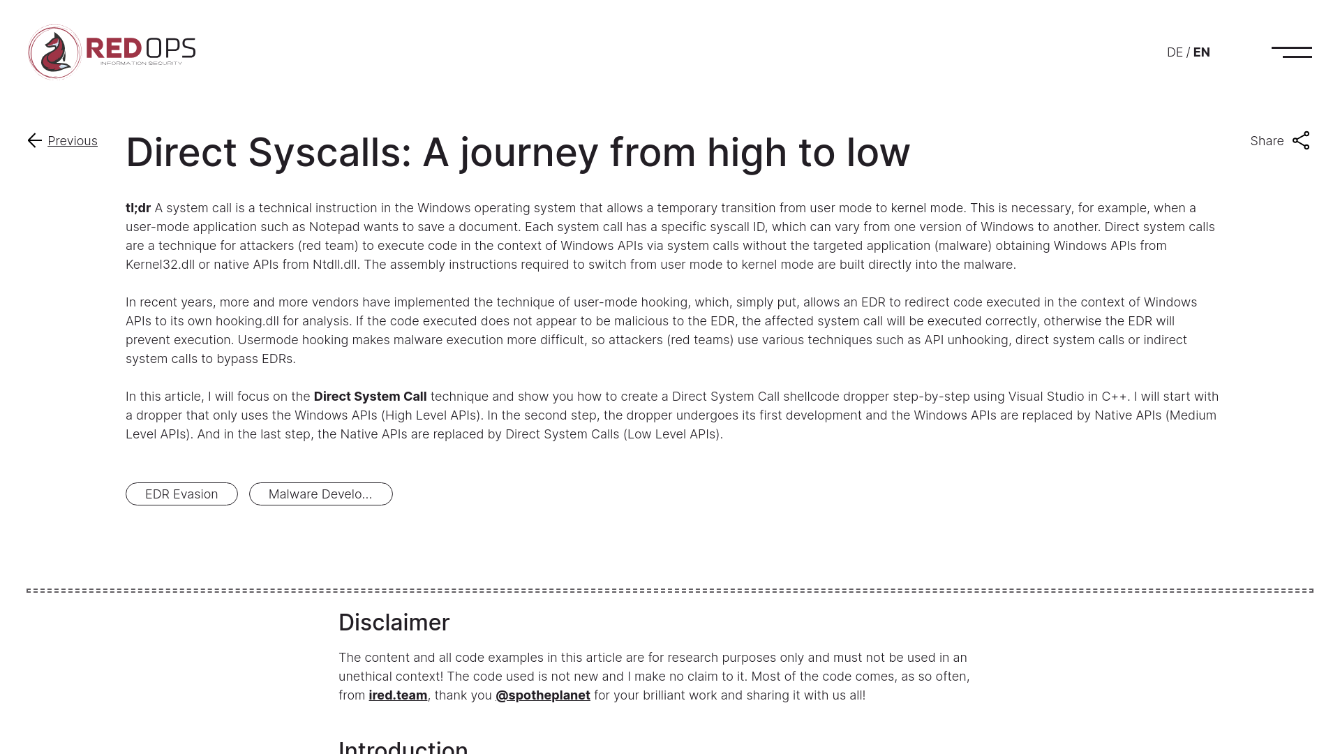 Direct Syscalls: A journey from high to low - RedOps - English