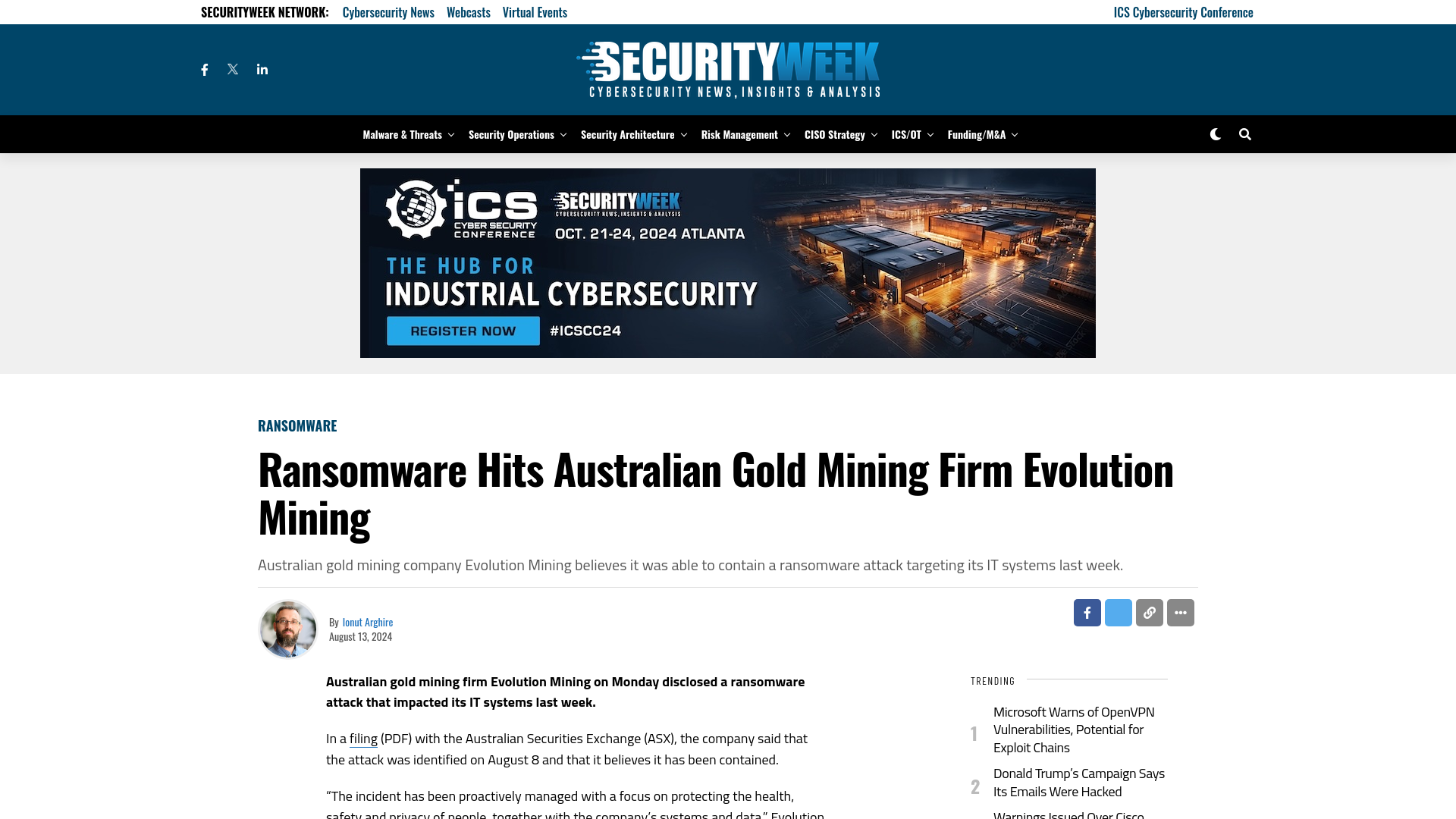 Ransomware Hits Australian Gold Mining Firm Evolution Mining - SecurityWeek