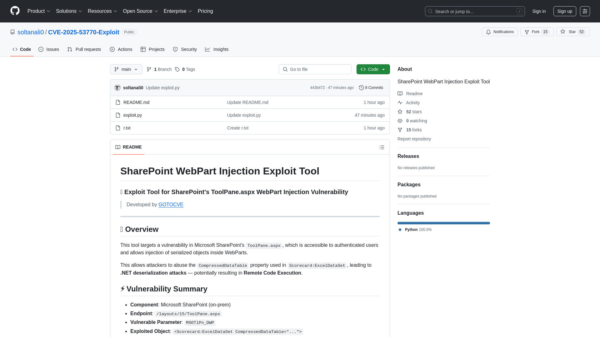 GitHub - soltanali0/CVE-2025-53770-Exploit: SharePoint WebPart Injection Exploit Tool