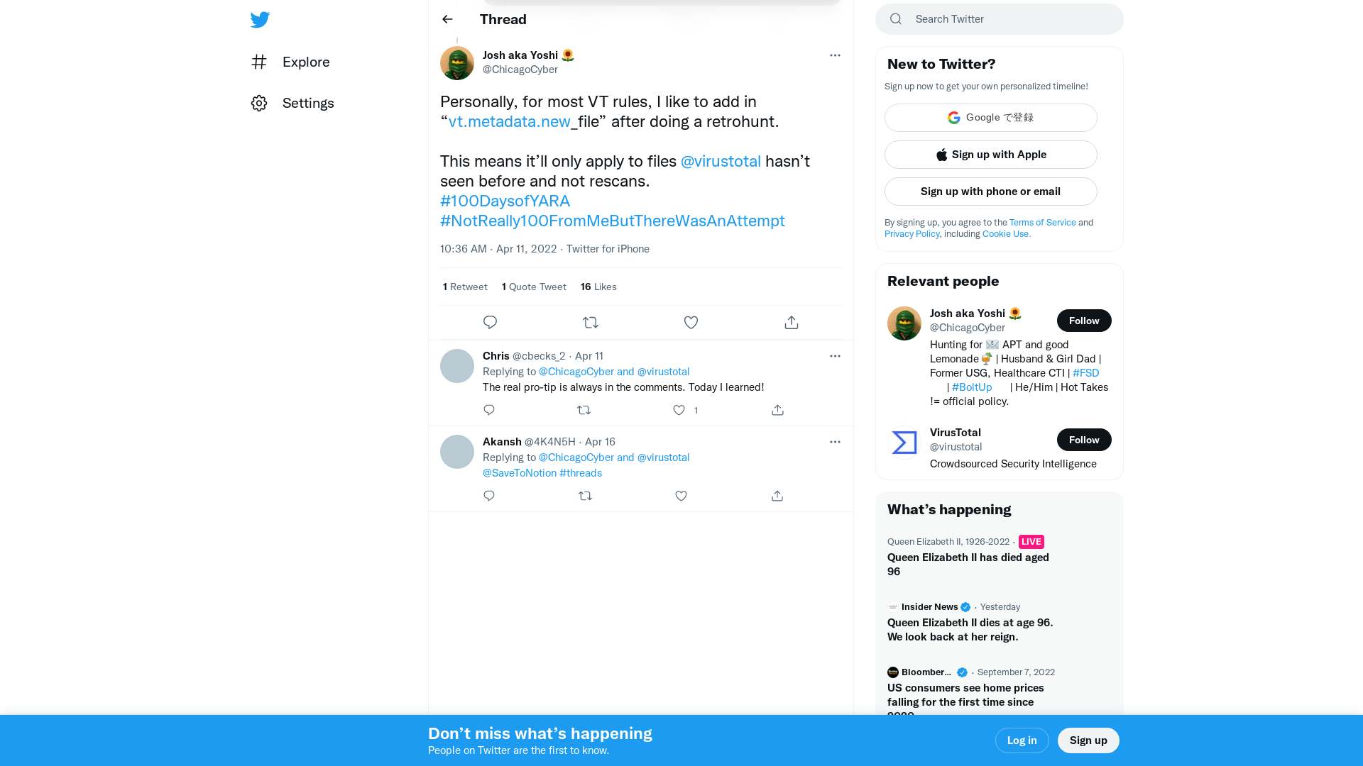 Josh aka Yoshi 🌻 on Twitter: "Personally, for most VT rules, I like to add in “https://t.co/UmWdHcnqoi_file” after doing a retrohunt. This means it’ll only apply to files @virustotal hasn’t seen before and not rescans. #100DaysofYARA #NotReally100FromMeButThereWasAnAttempt" / Twitter