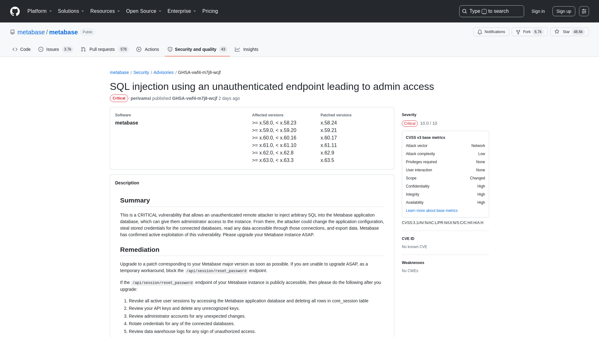 SQL injection using an unauthenticated endpoint leading to admin access · Advisory · metabase/metabase · GitHub