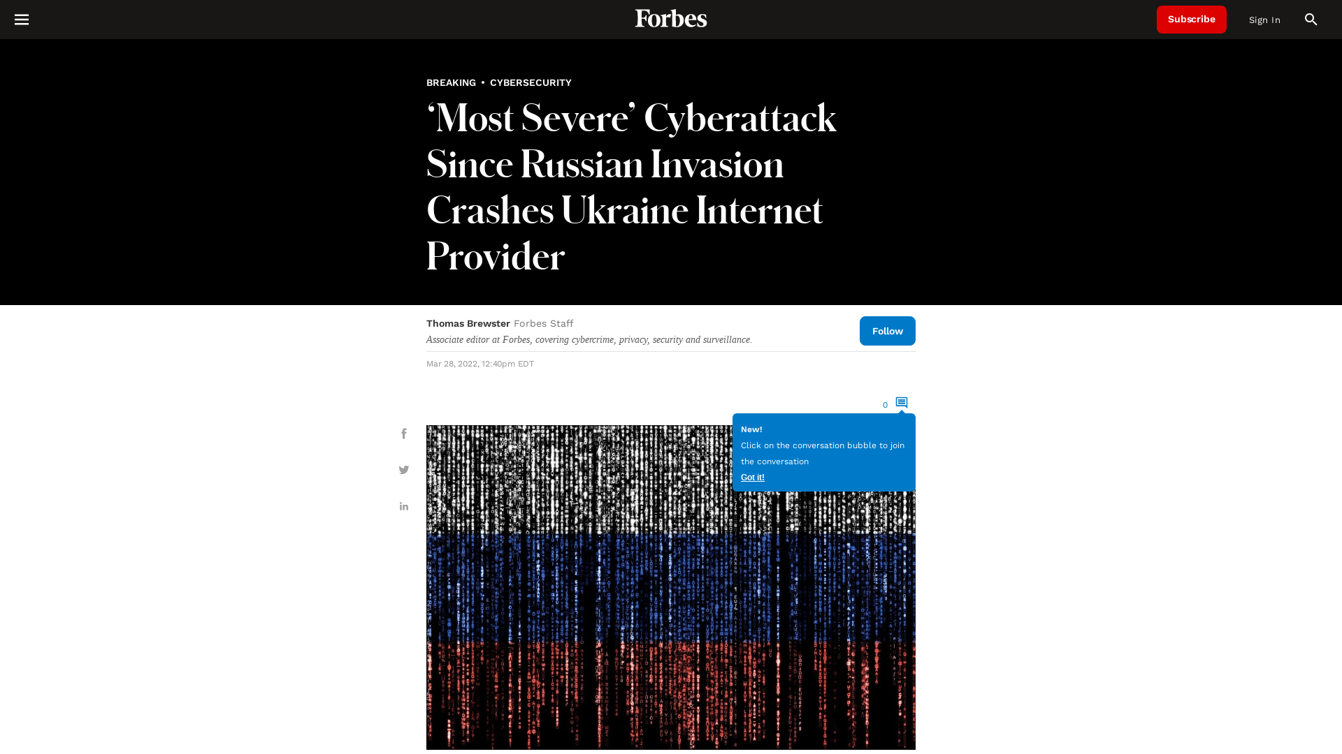 ‘Most Severe’ Cyberattack Since Russian Invasion Crashes Ukraine Internet Provider