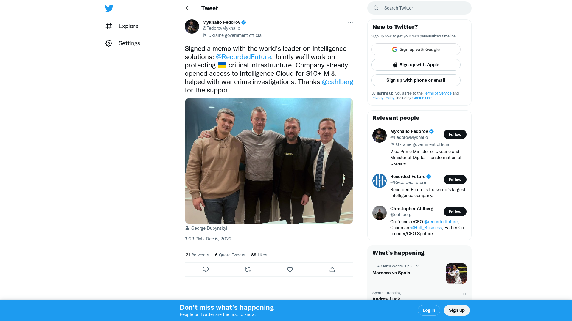 Mykhailo Fedorov on Twitter: "Signed a memo with the world's leader on intelligence solutions: @RecordedFuture. Jointly we’ll work on protecting 🇺🇦 critical infrastructure. Company already opened access to Intelligence Cloud for $10+ M &amp; helped with war crime investigations. Thanks @cahlberg for the support. https://t.co/5KI0ni0Pn9" / Twitter