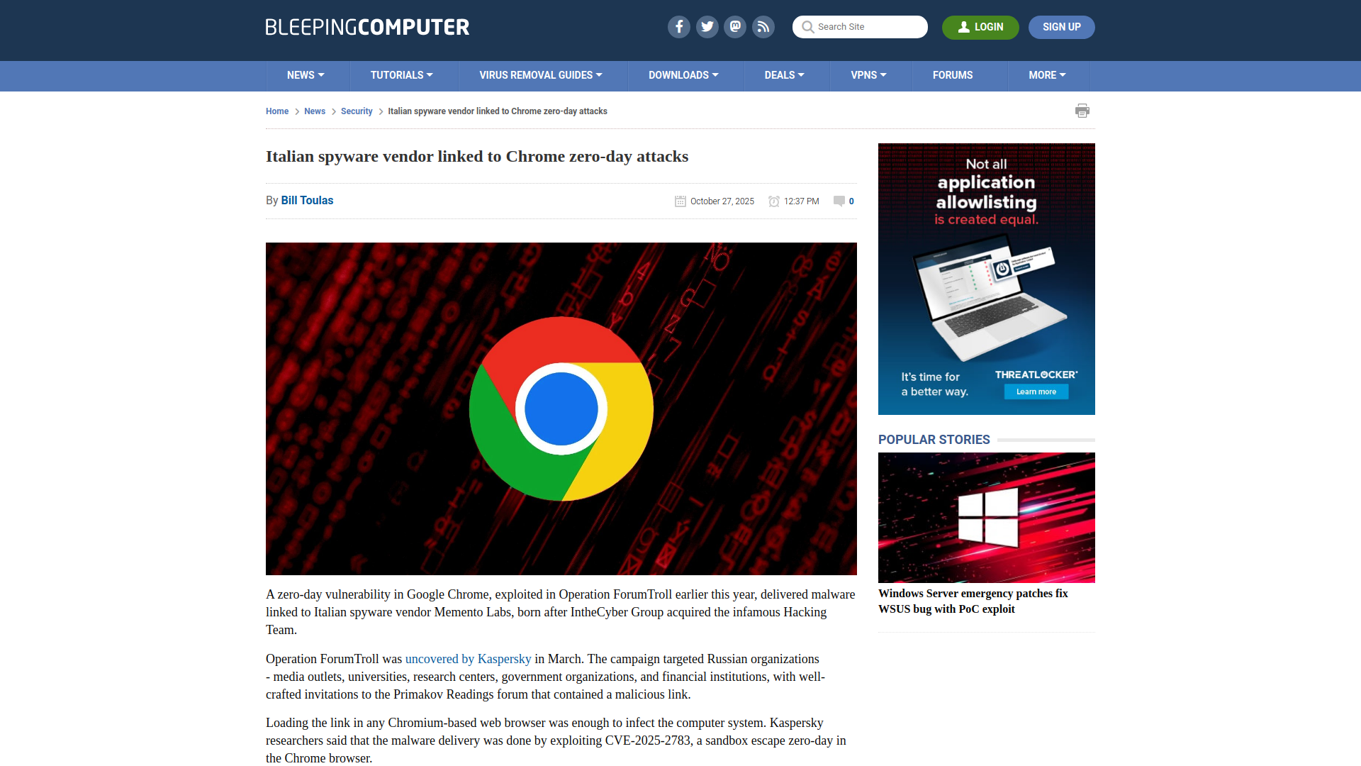 Italian spyware vendor linked to Chrome zero-day attacks
