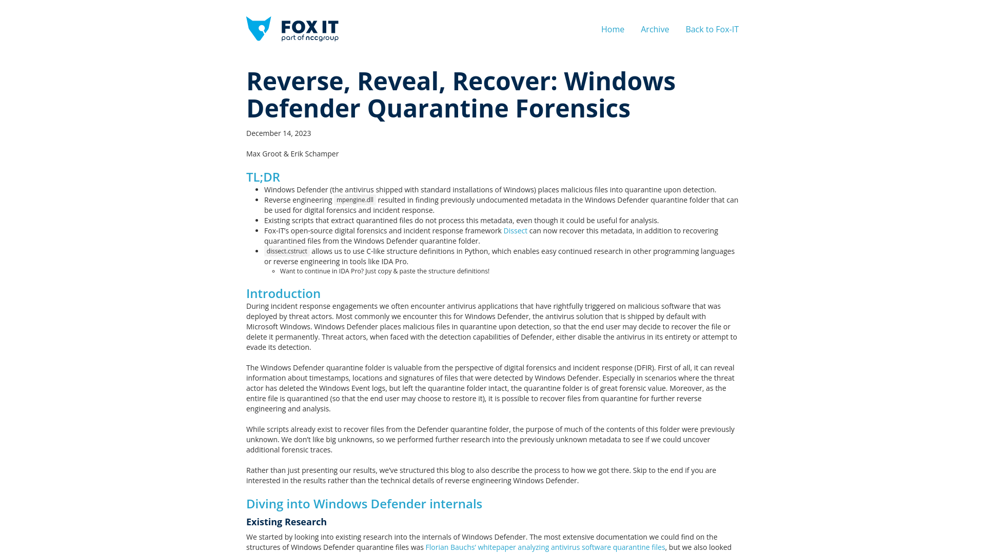 Reverse, Reveal, Recover: Windows Defender Quarantine Forensics – Fox-IT International blog