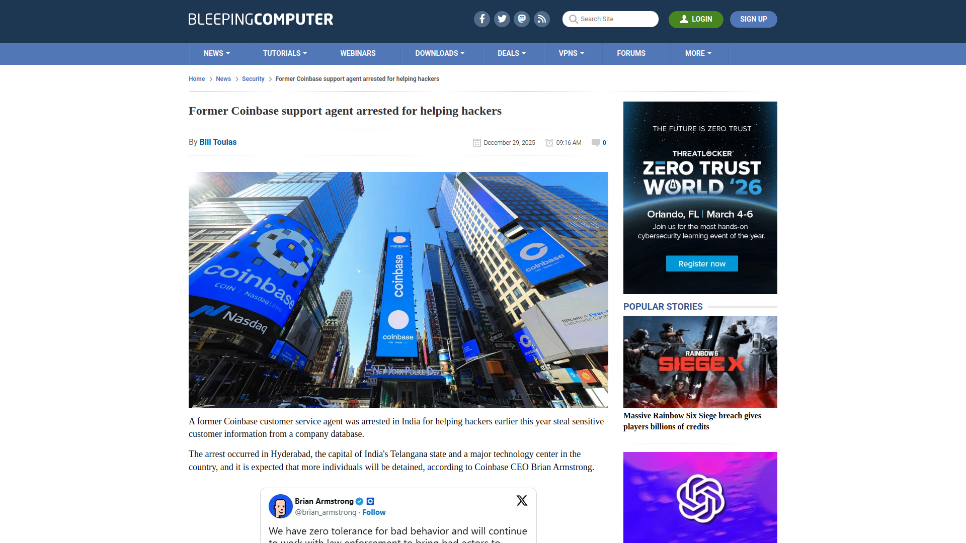 Former Coinbase support agent arrested for helping hackers