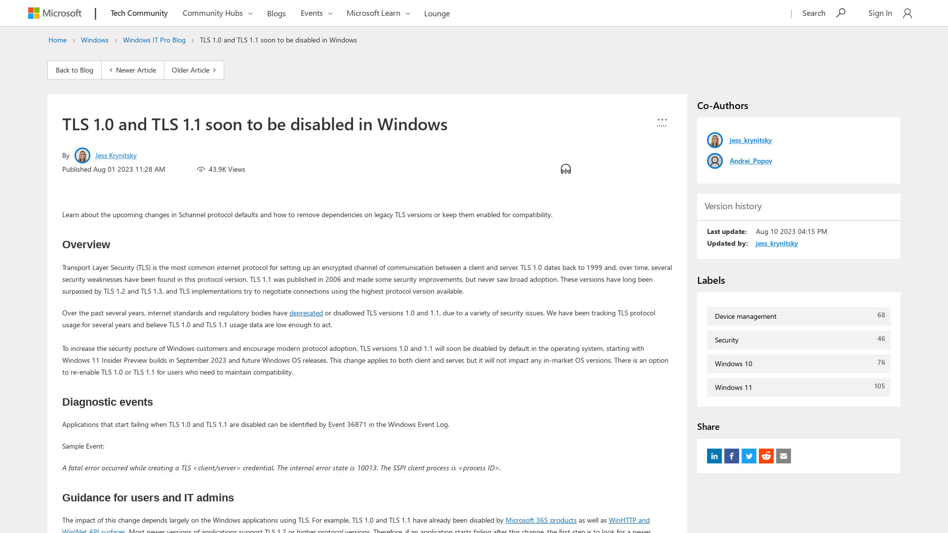 TLS 1.0 and TLS 1.1 soon to be disabled in Windows - Microsoft Community Hub