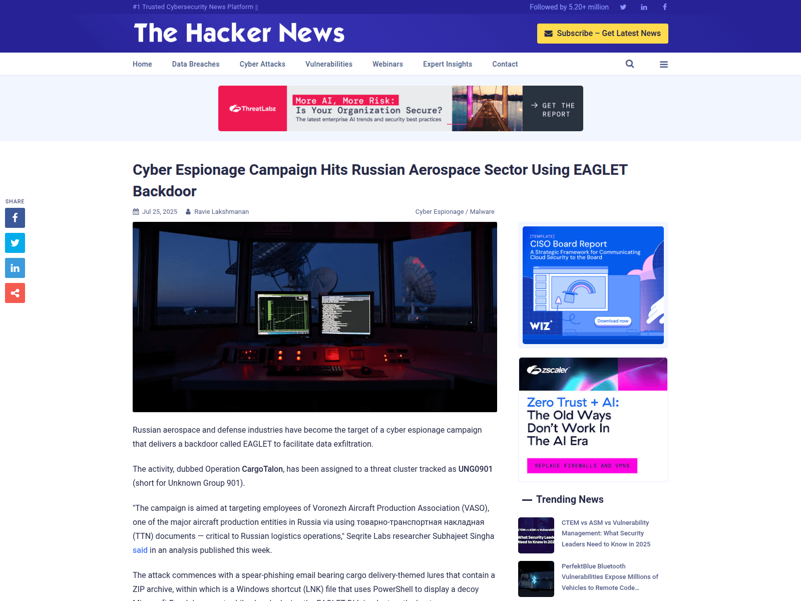 Cyber Espionage Campaign Hits Russian Aerospace Sector Using EAGLET Backdoor