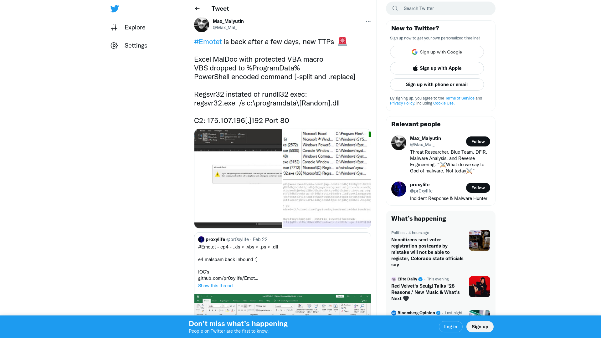 Max_Malyutin on Twitter: "#Emotet is back after a few days, new TTPs 🚨 Excel MalDoc with protected VBA macro VBS dropped to %ProgramData% PowerShell encoded command [-split and .replace] Regsvr32 instated of rundll32 exec: regsvr32.exe /s c:\programdata\[Random].dll C2: 175.107.196[.]192 Port 80 https://t.co/rwsBzRGp7E" / Twitter