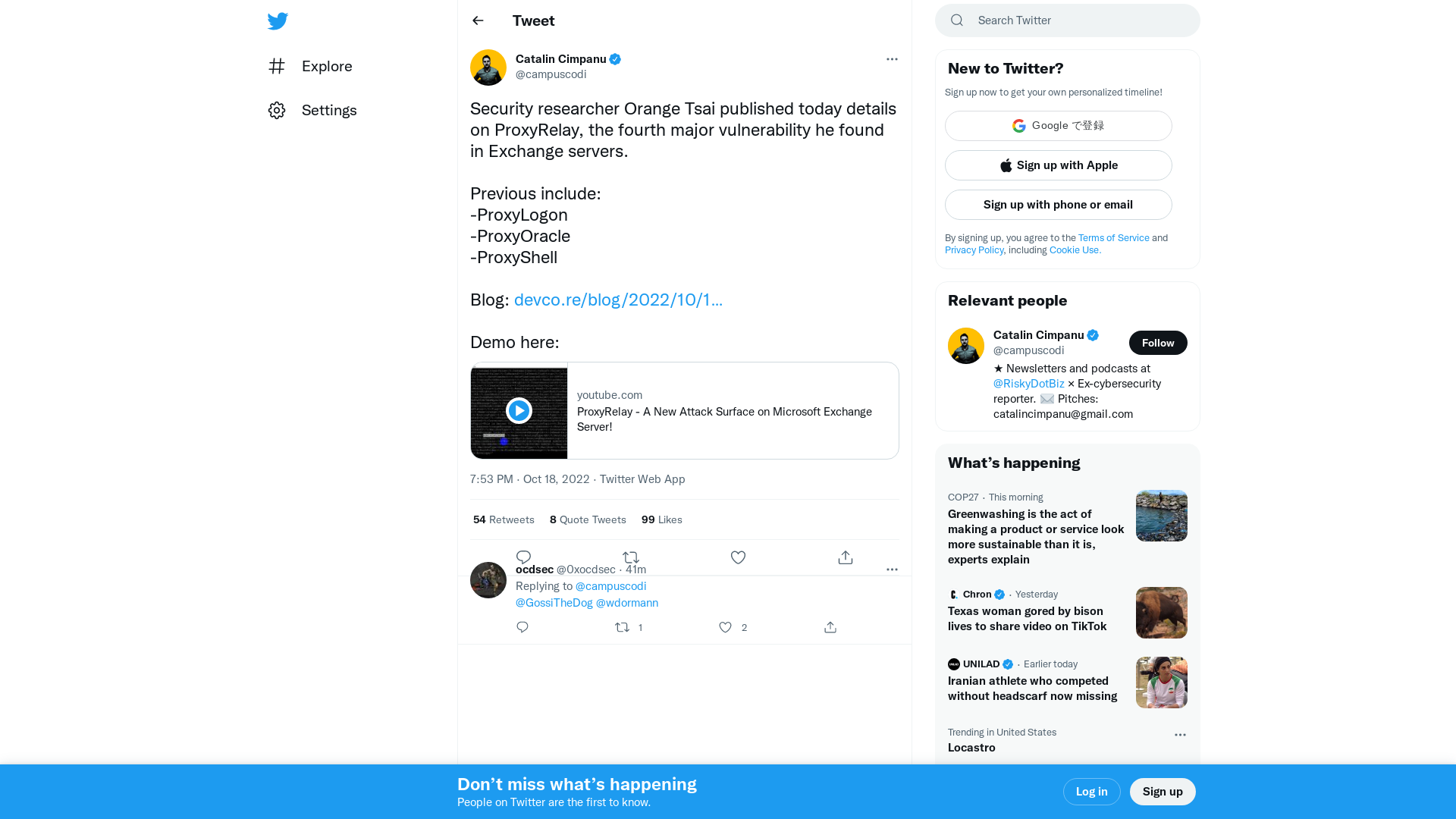 Catalin Cimpanu on Twitter: "Security researcher Orange Tsai published today details on ProxyRelay, the fourth major vulnerability he found in Exchange servers. Previous include: -ProxyLogon -ProxyOracle -ProxyShell Blog: https://t.co/XxHFpqRaL2 Demo here: https://t.co/58BddTYSuc" / Twitter