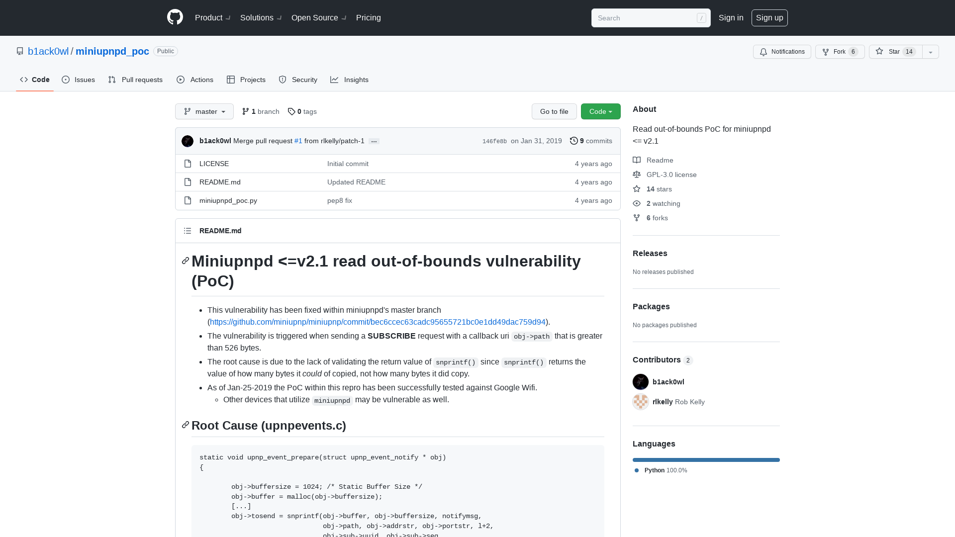GitHub - b1ack0wl/miniupnpd_poc: Read out-of-bounds PoC for miniupnpd <= v2.1