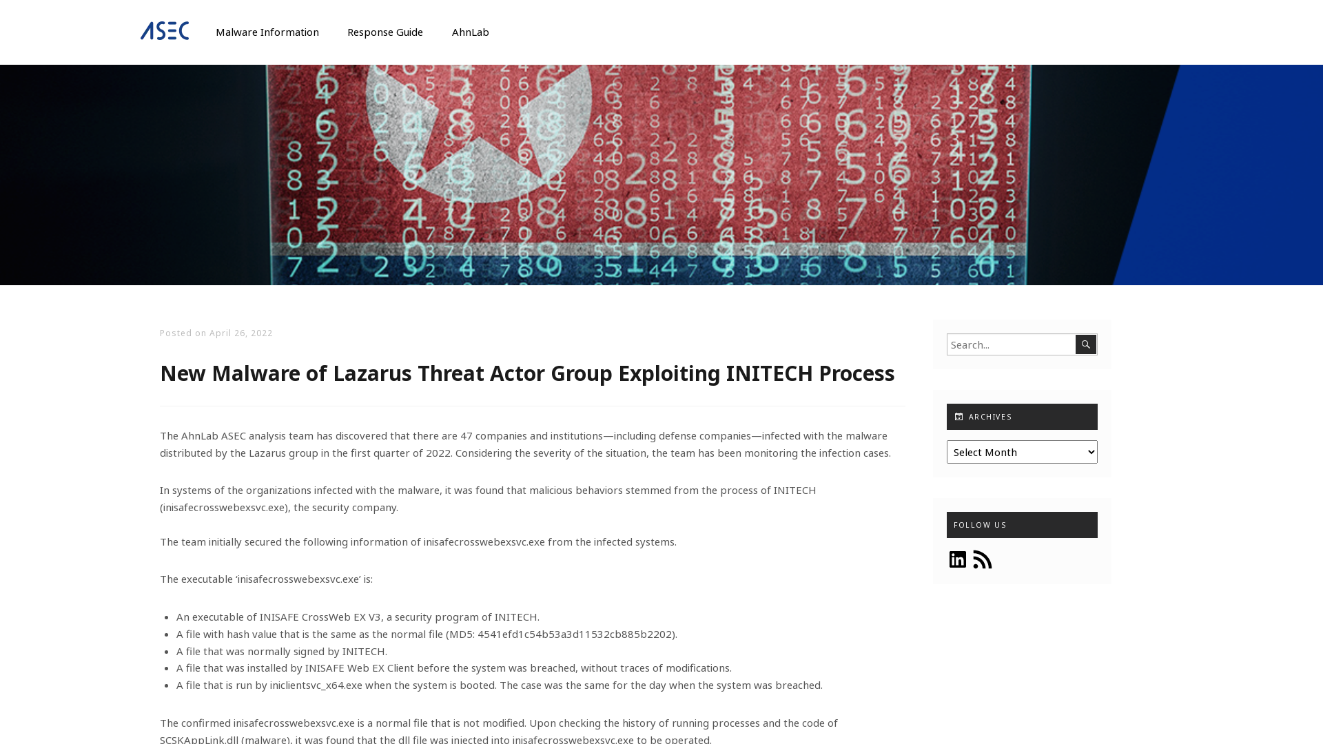 New Malware of Lazarus Threat Actor Group Exploiting INITECH Process - ASEC BLOG