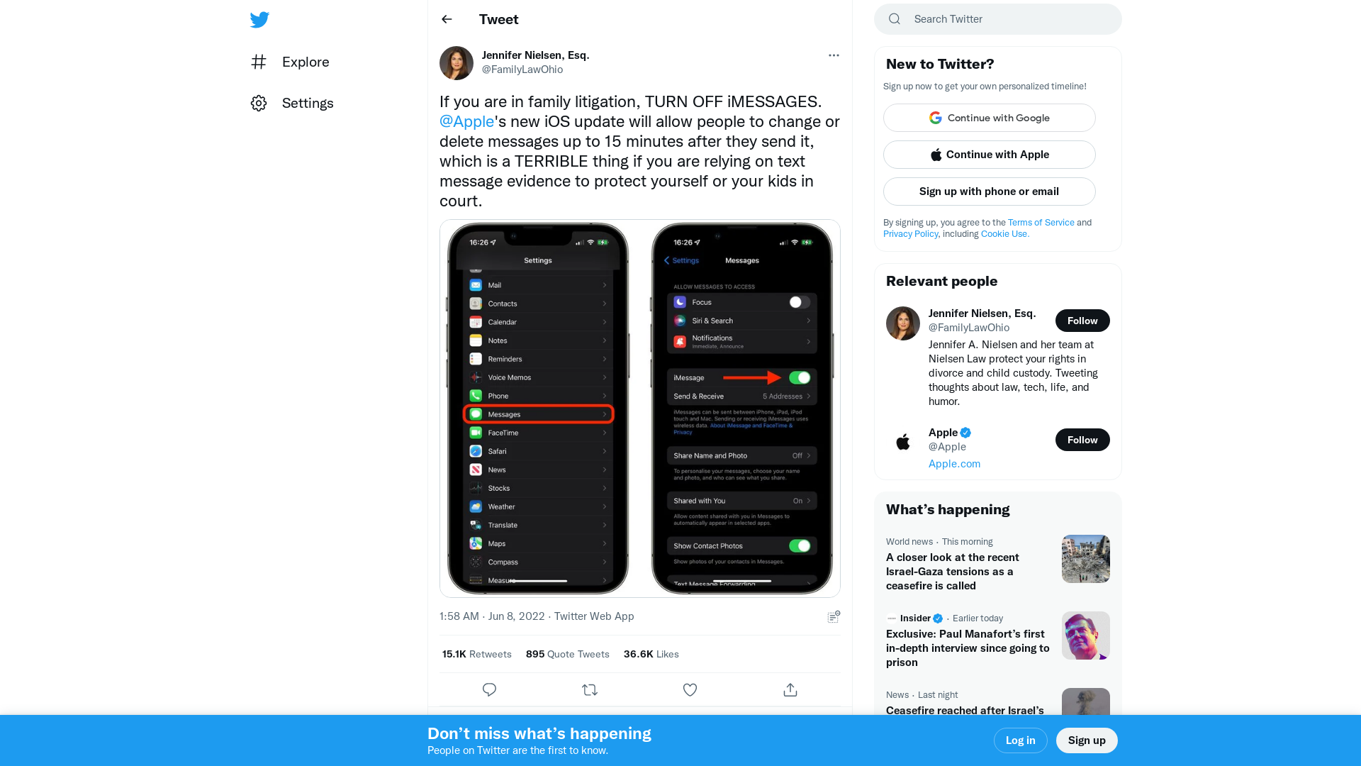 Jennifer Nielsen, Esq. on Twitter: "If you are in family litigation, TURN OFF iMESSAGES. @Apple's new iOS update will allow people to change or delete messages up to 15 minutes after they send it, which is a TERRIBLE thing if you are relying on text message evidence to protect yourself or your kids in court. https://t.co/Scsr3vw2Kg" / Twitter
