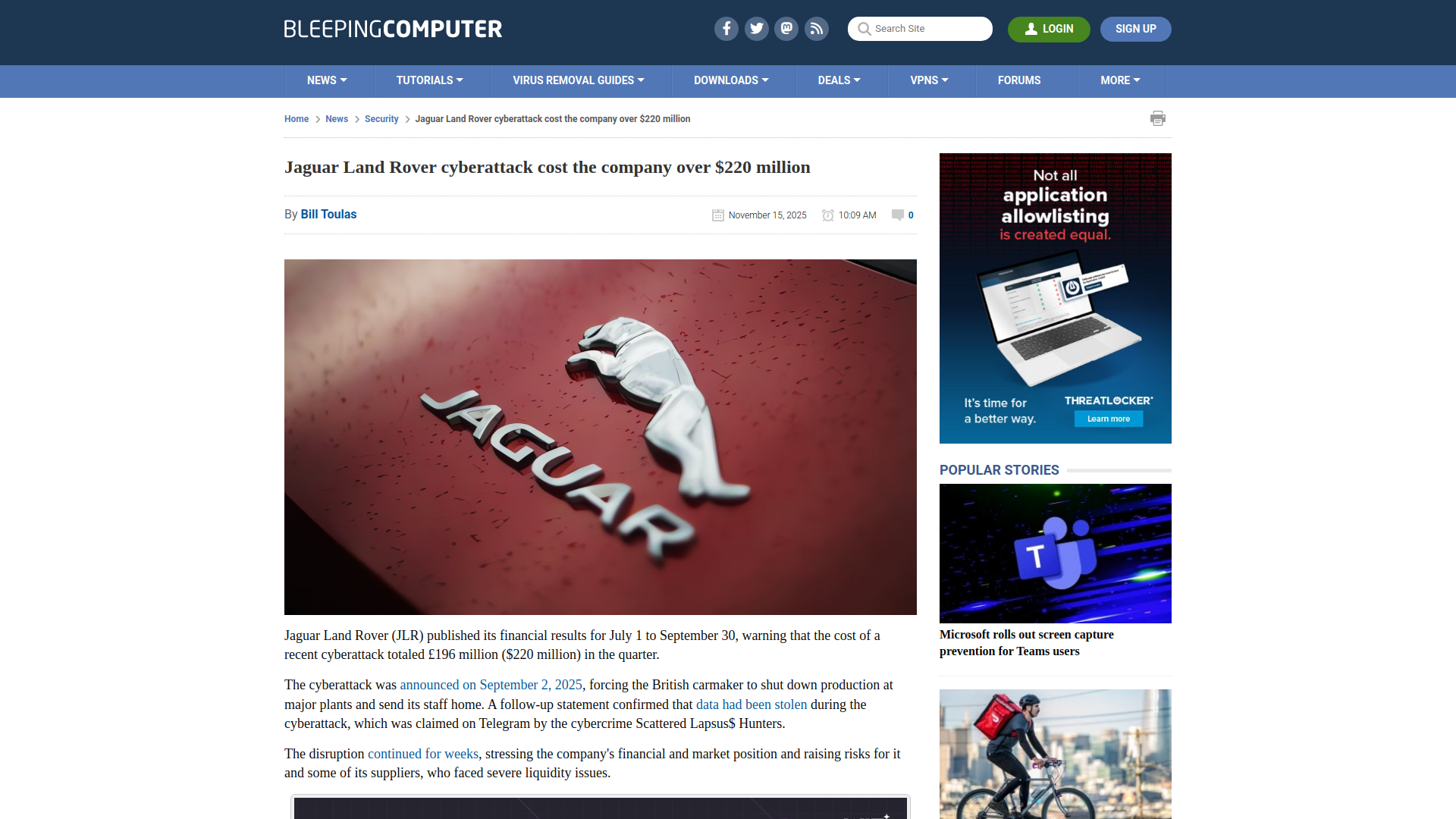 Jaguar Land Rover cyberattack cost the company over $220 million