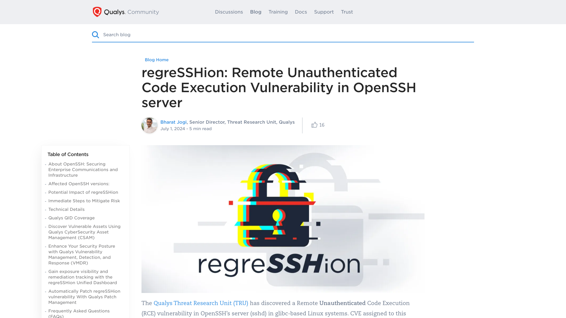 regreSSHion: Remote Unauthenticated Code Execution Vulnerability in OpenSSH server | Qualys Security Blog