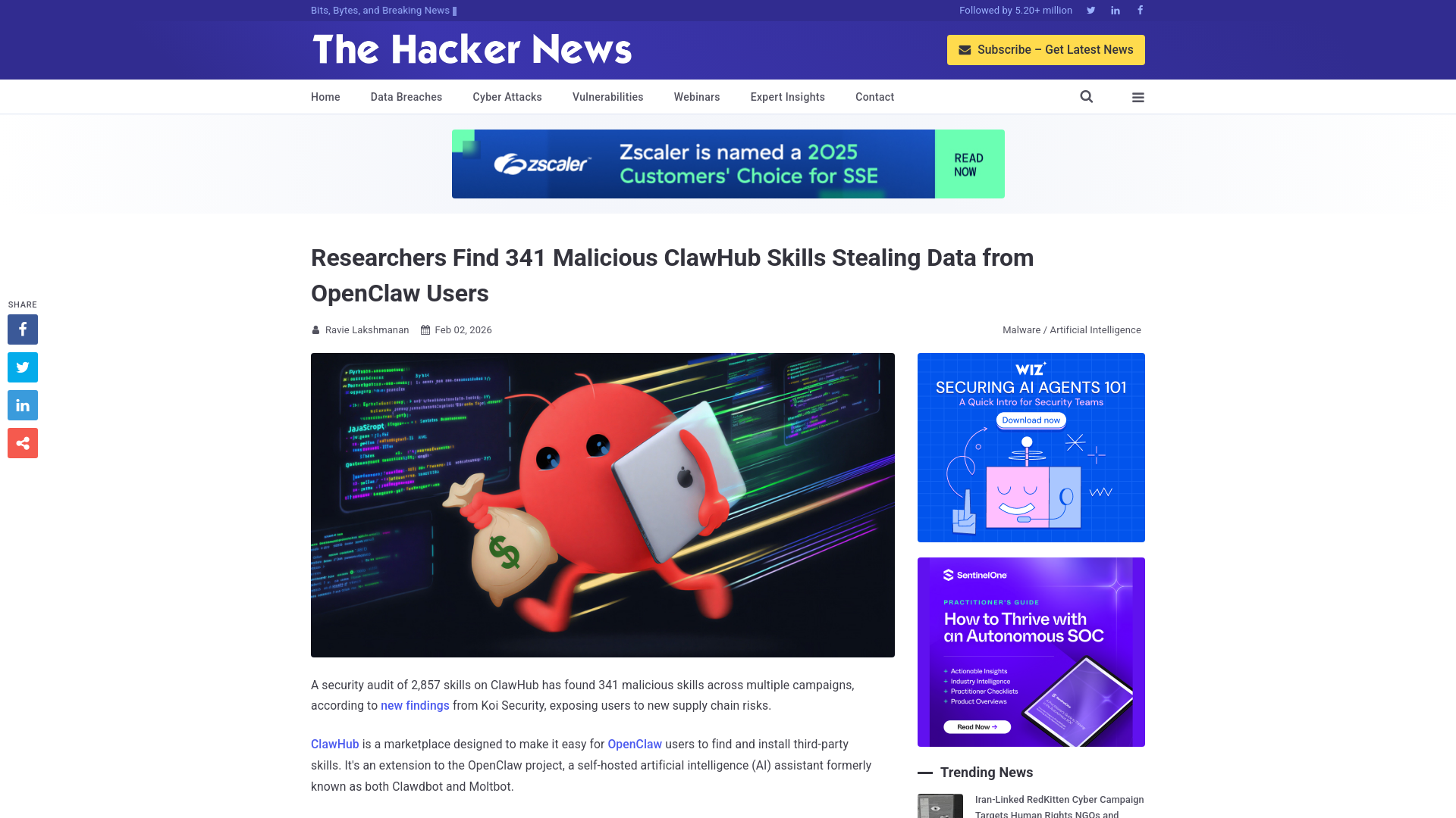 Researchers Find 341 Malicious ClawHub Skills Stealing Data from OpenClaw Users